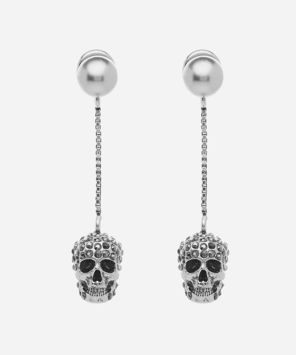 Alexander Mcqueen Silver-tone Crystal And Faux Pearl Pave Skull Chain Drop Earrings