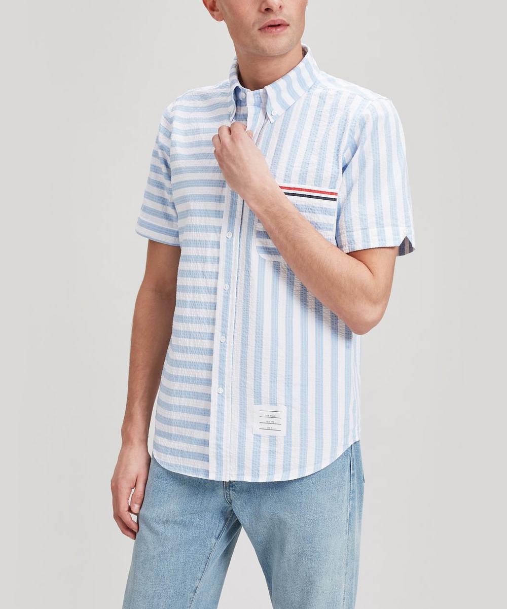Thom Browne Striped Seersucker Short-sleeved Shirt In Light Blue