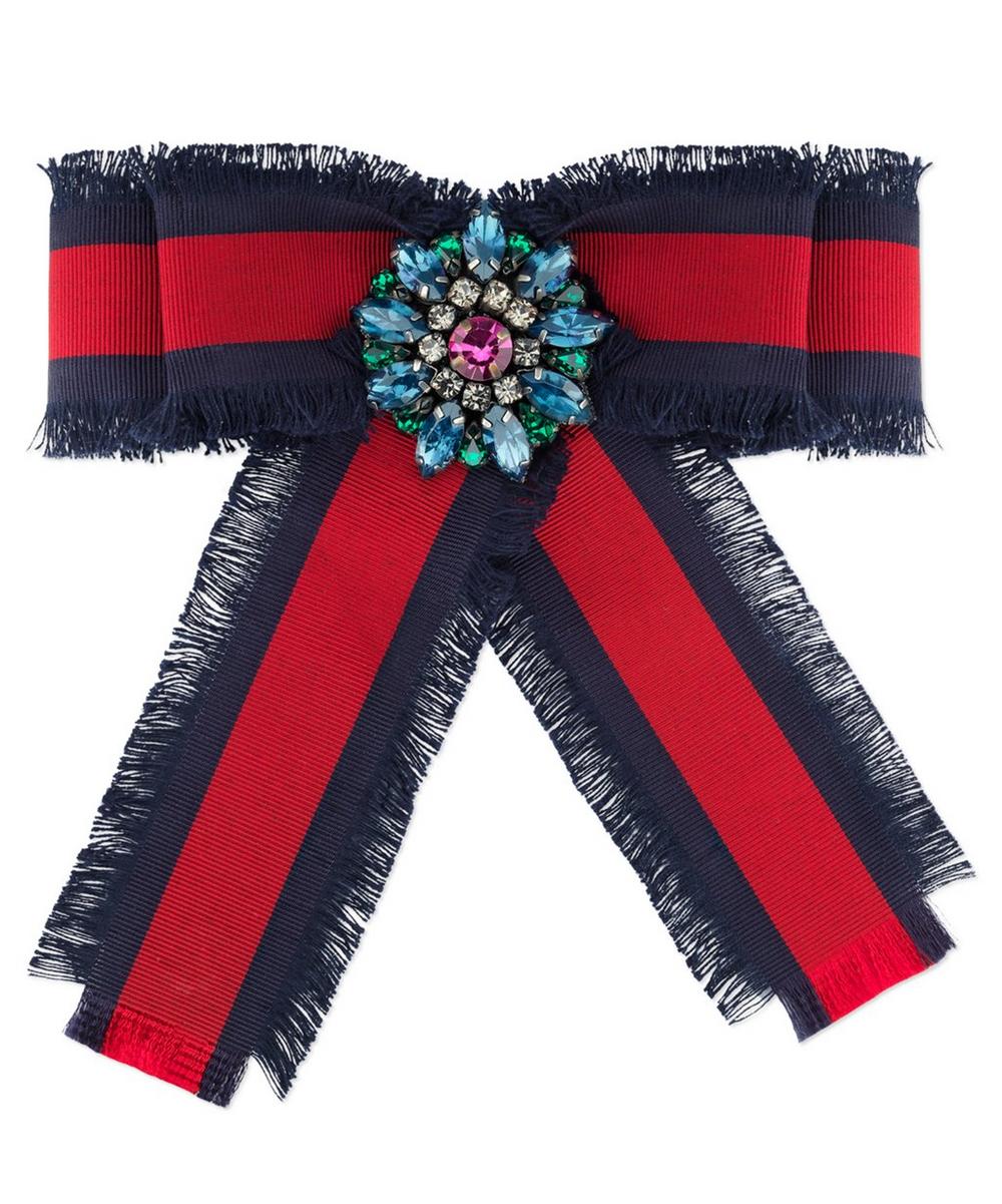 Gucci Frayed Web Grosgrain Bow Brooch In Red And Blue