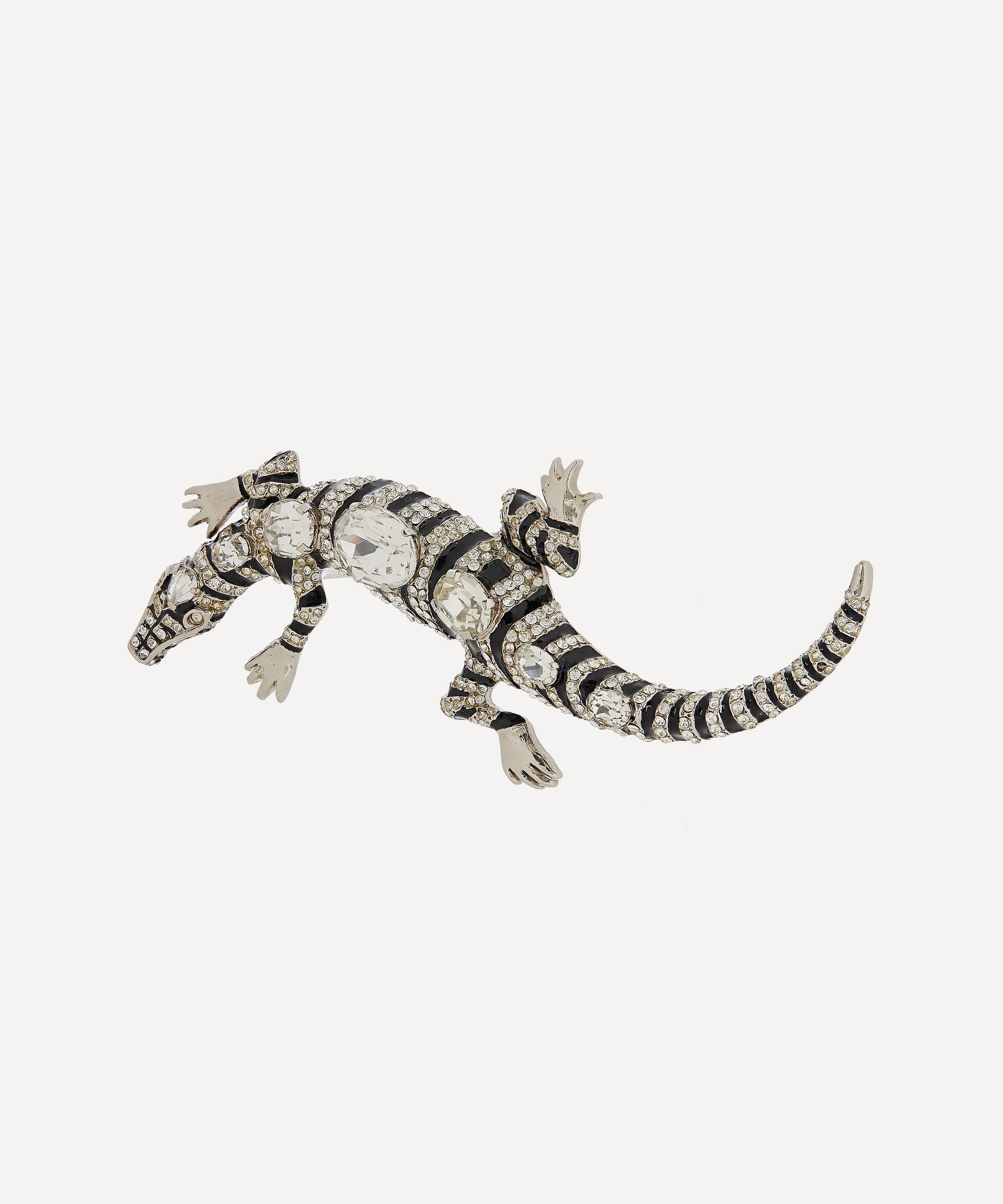 Designer Vintage Turn Of The Century Valentino Faux Diamond And Black Lacquer Crocodile Brooch In Silver