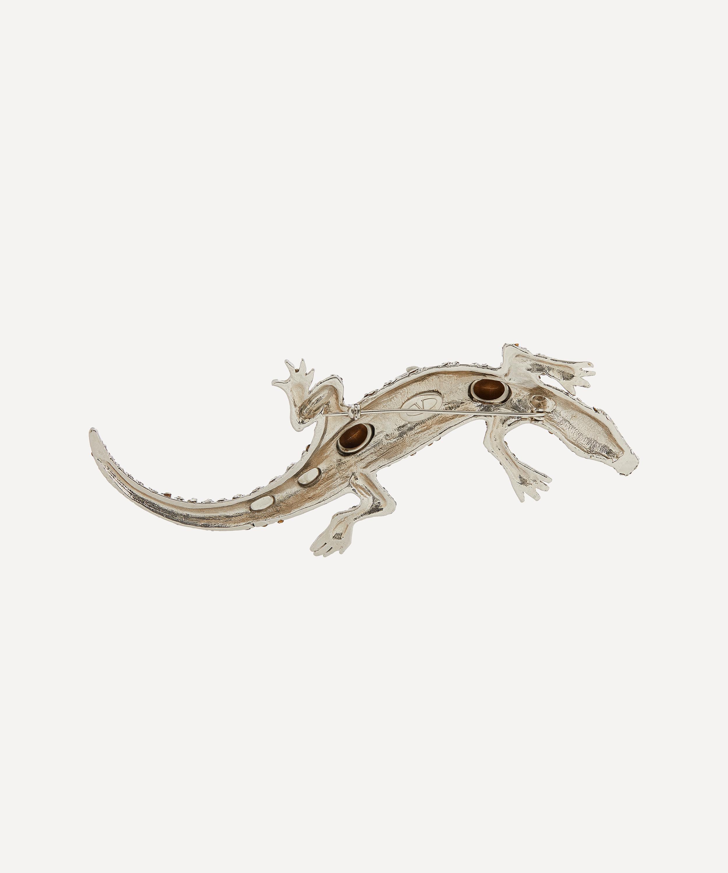 Designer Vintage Turn Of The Century Valentino Faux Diamond And Black Lacquer Crocodile Brooch In Silver