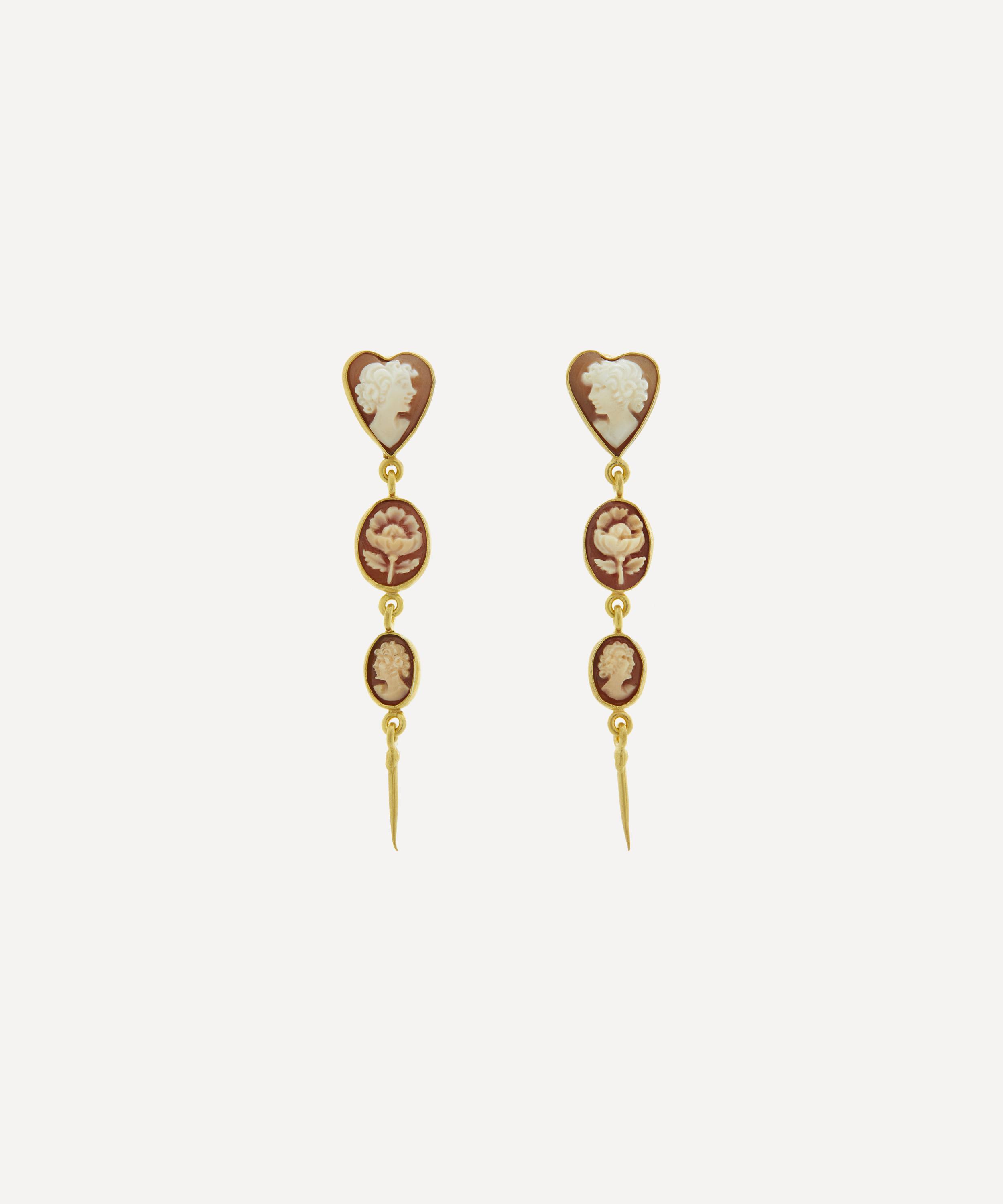 Grainne Morton Gold-plated Three Cameo Victorian Drop Earrings