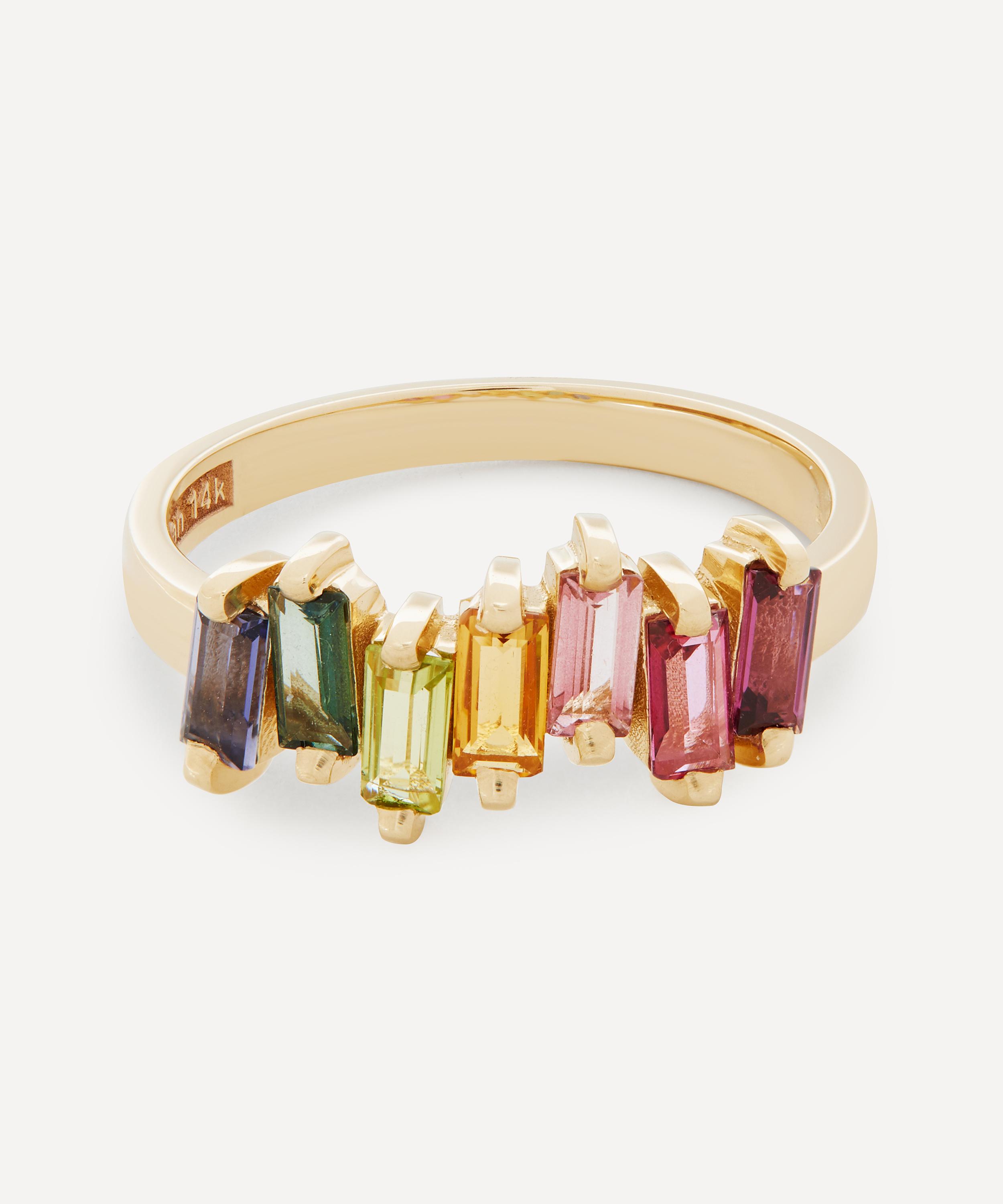 Suzanne Kalan Gold Multi-Stone Uneven Rainbow Baguette Ring 6 Luxury