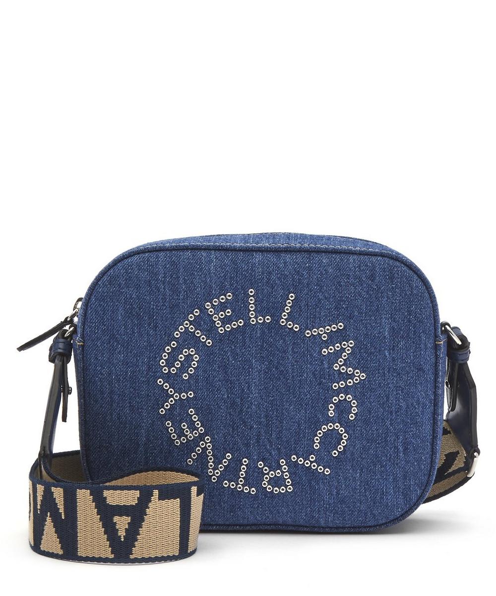 Stella Mccartney Studded Logo Mini Denim Cross-body Camera Bag In Blue