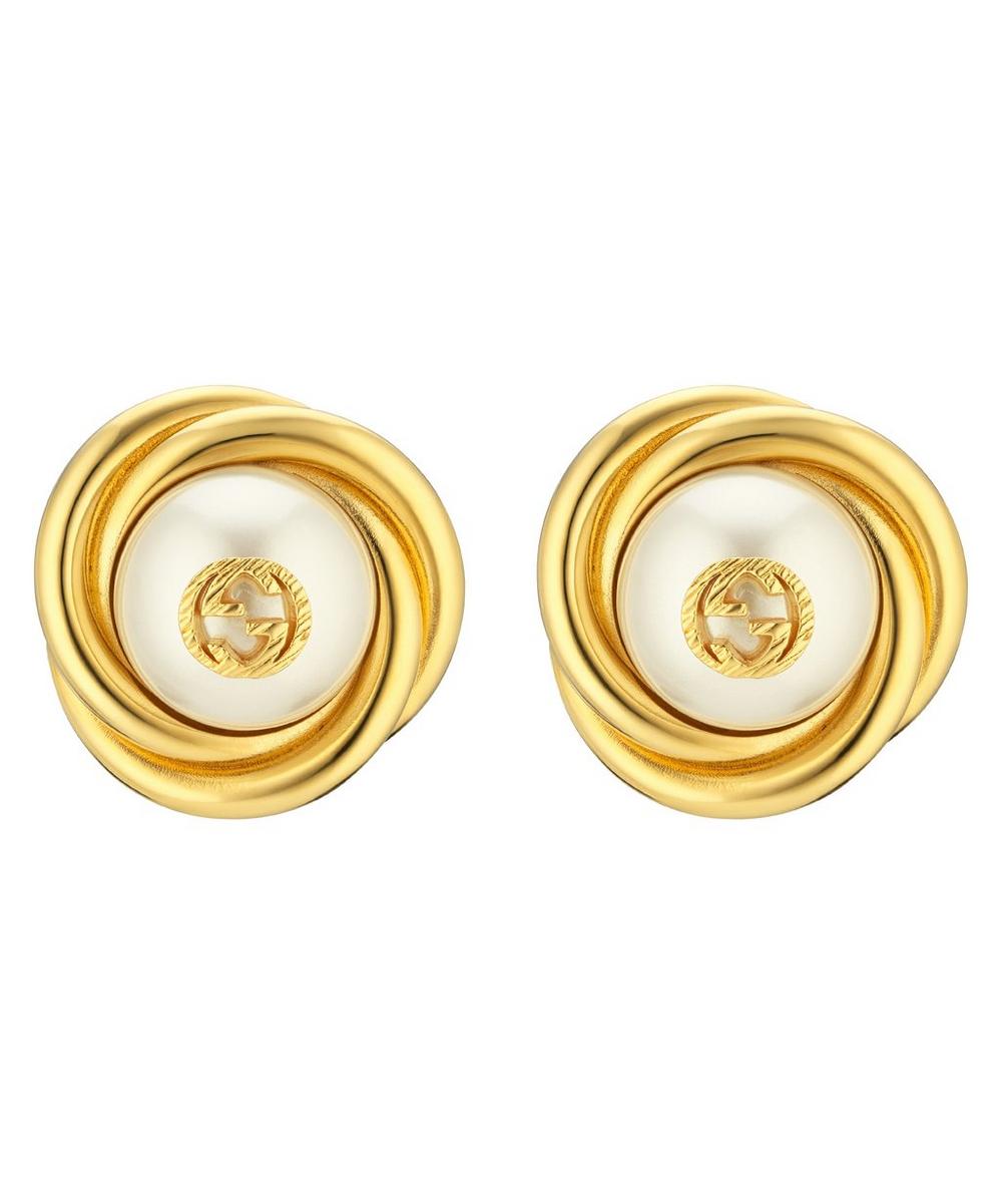 GUCCI Gold-Tone Double G Faux Pearl Clip-On Earrings,5059419006146