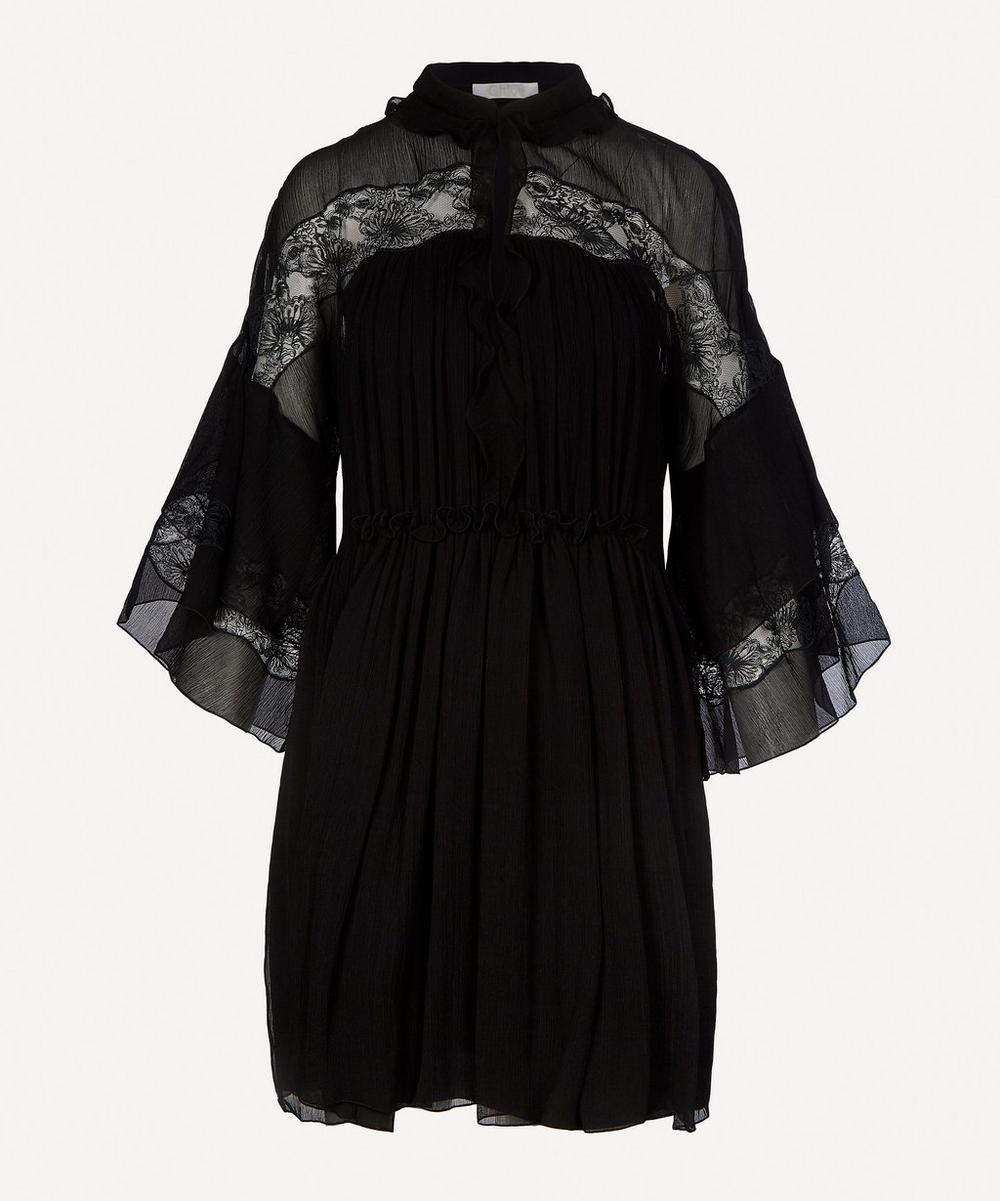Chloé Lace-panelled Plisse-silk Georgette Mini-dress In Black