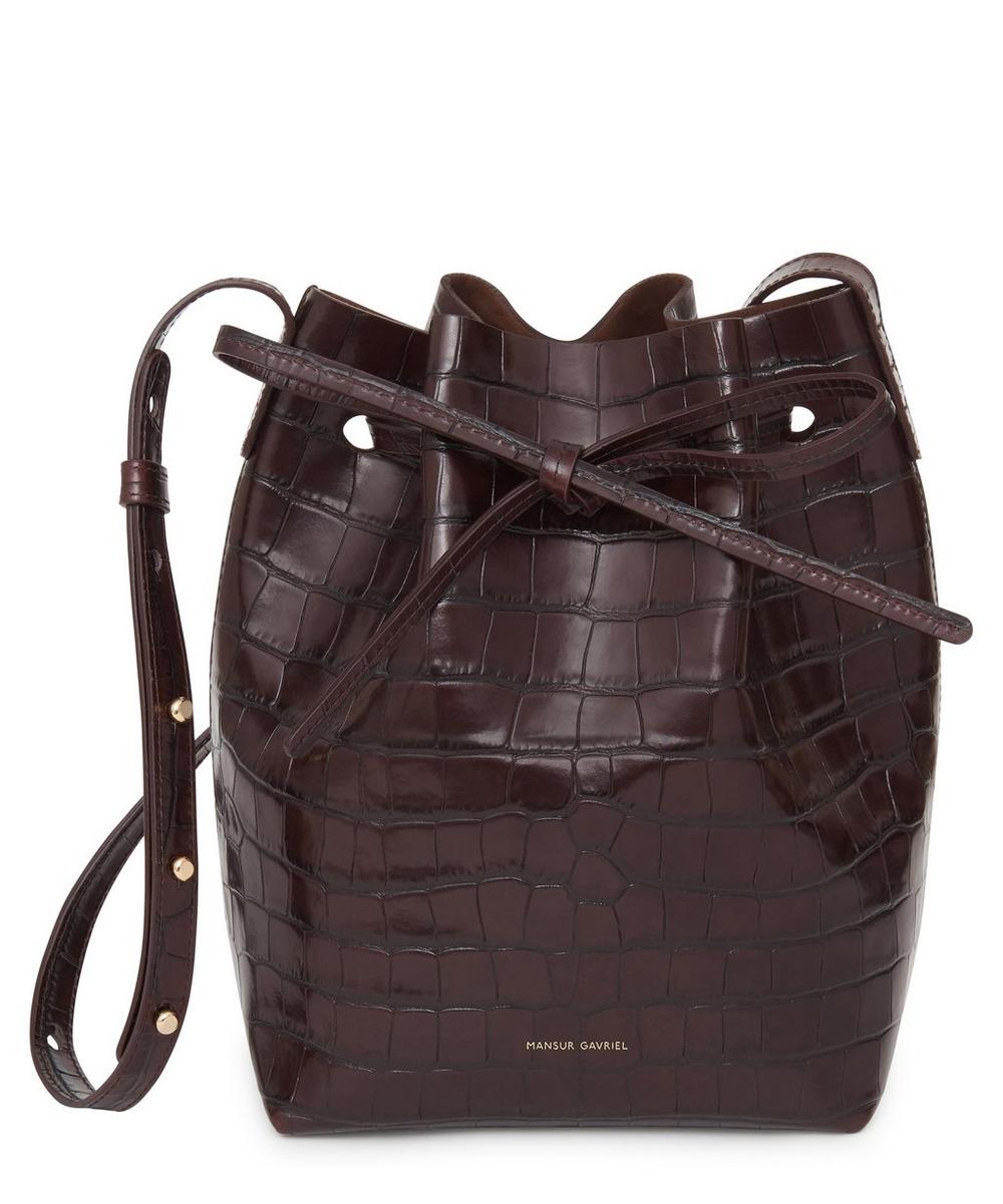 Mansur Gavriel Mini Croc-embossed Leather Bucket Bag In Classic Dark Brown