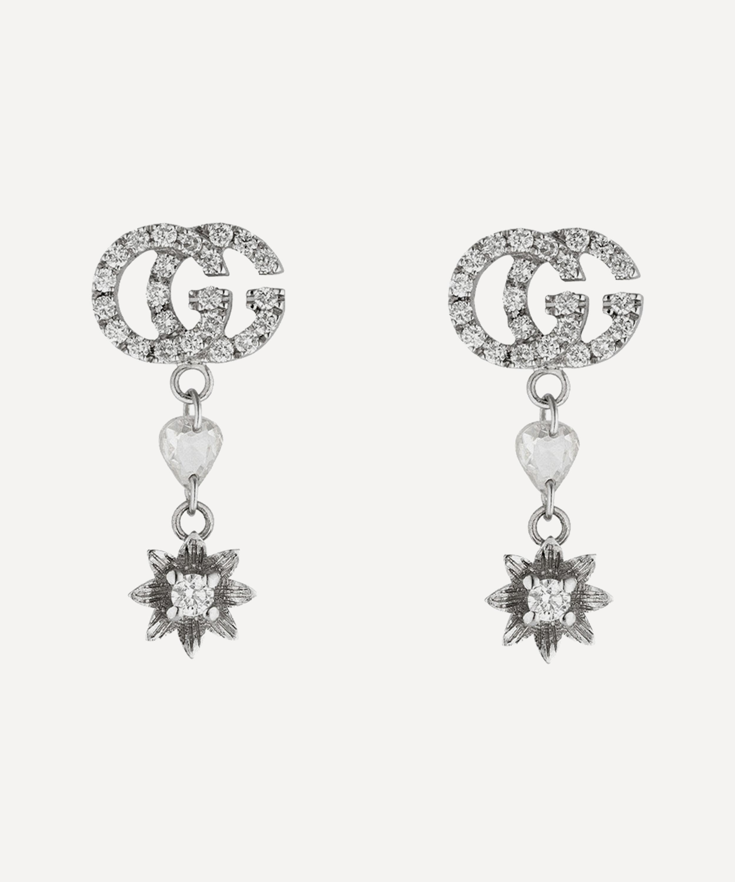 White Gold GG and Flower Diamond Drop Earrings