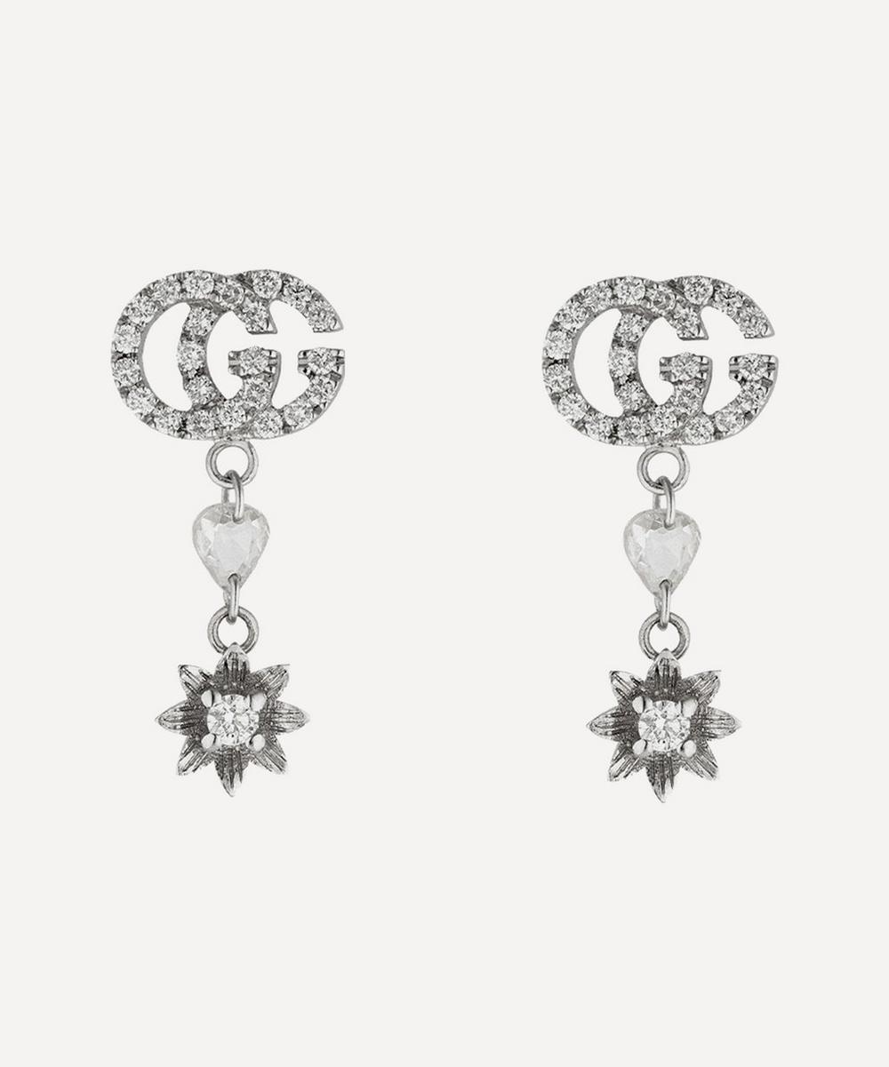 GUCCI WHITE GOLD GG AND FLOWER DIAMOND DROP EARRINGS,000645362