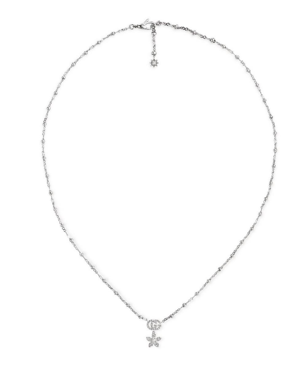 GUCCI WHITE GOLD GG AND FLOWER DIAMOND PENDANT NECKLACE,5059419126905