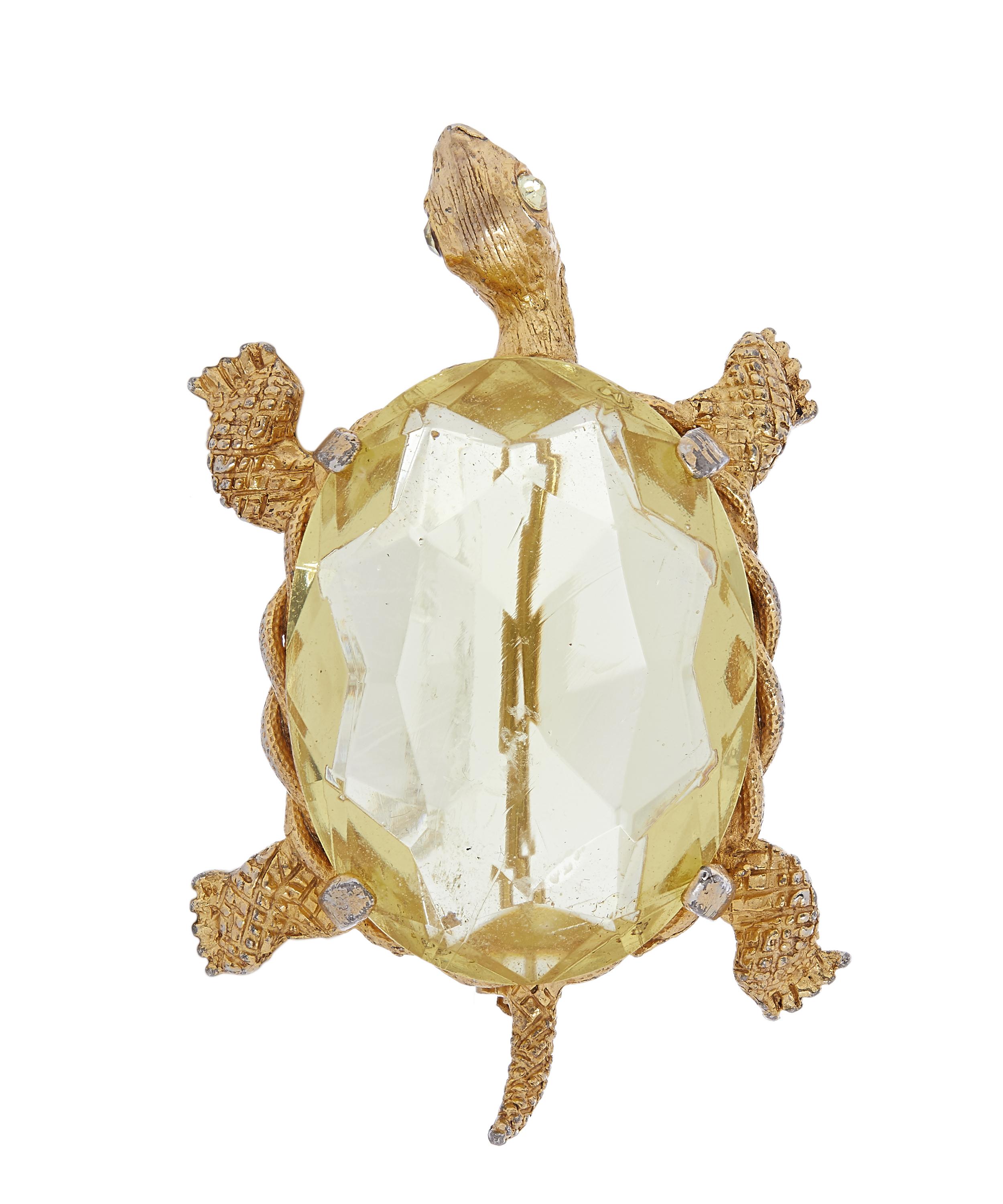 Designer Vintage 1940s Jeanne Gilt Faux Citrine Turtle Brooch In Gold