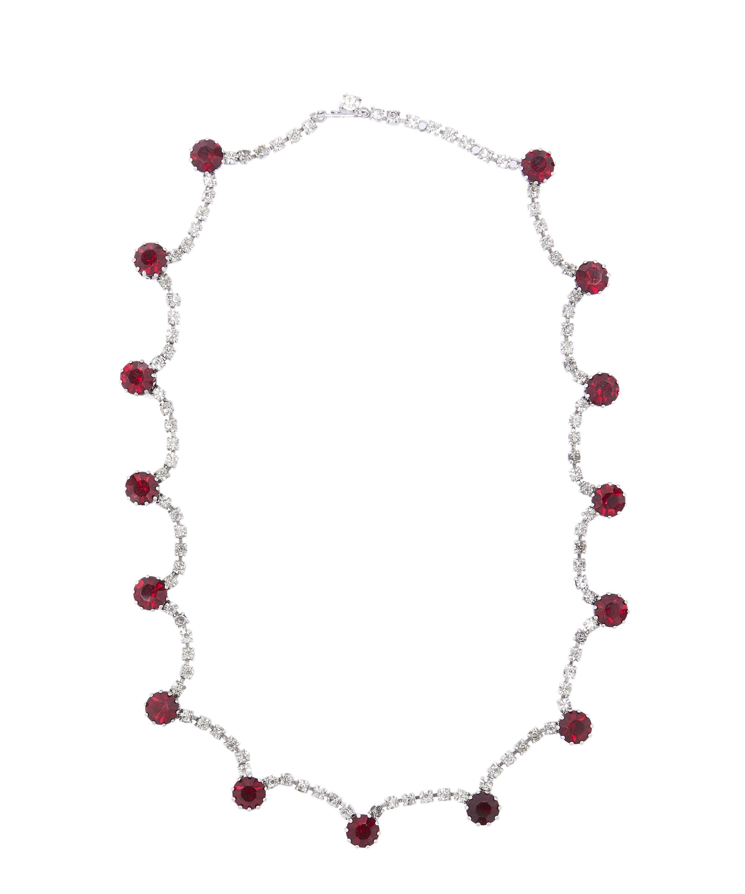 Designer Vintage 1950s White Metal Faux Diamond And Ruby Necklace In Silver