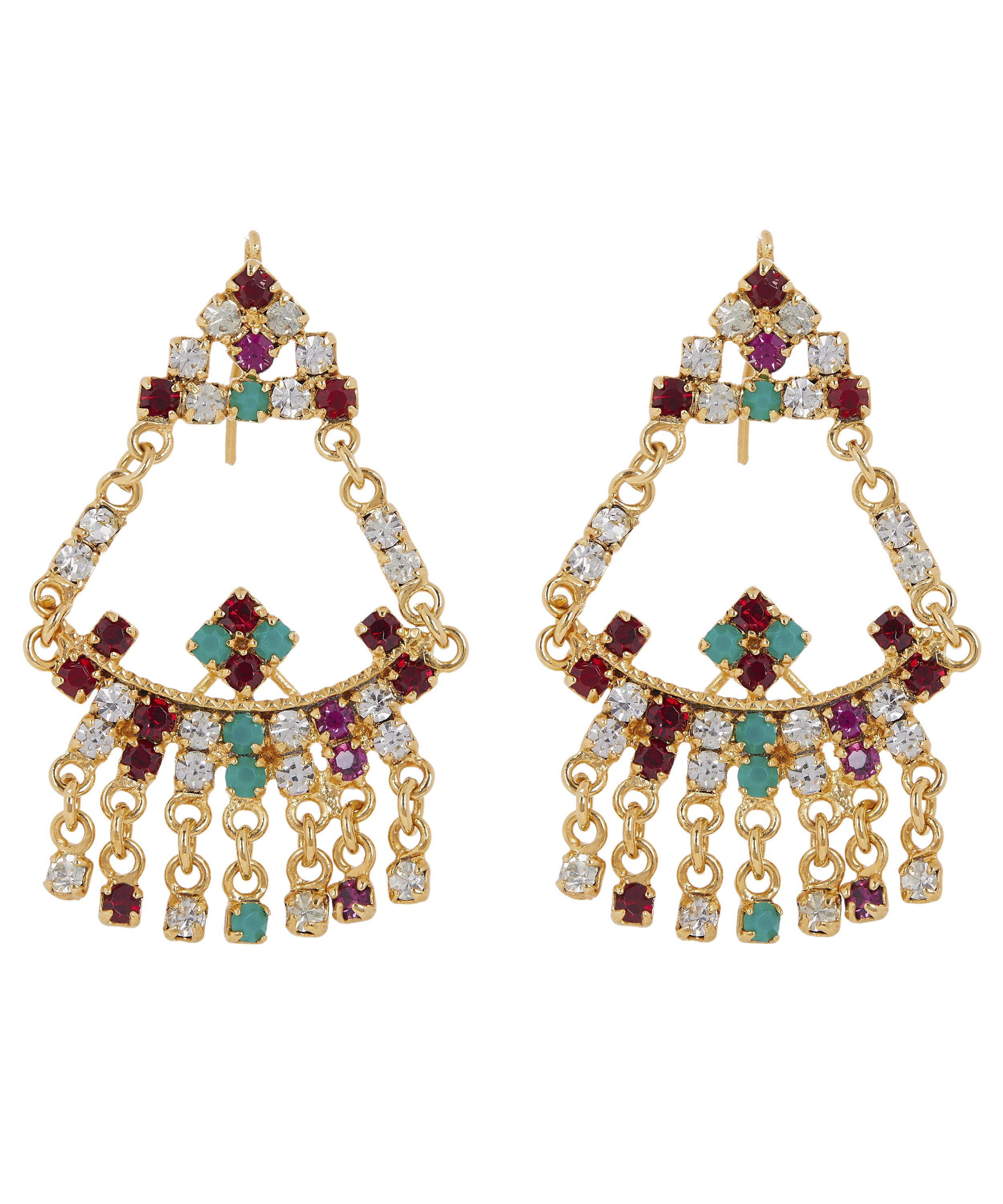 Designer Vintage 1980s Gilt Faux Gemstone Chandelier Earrings In Gold