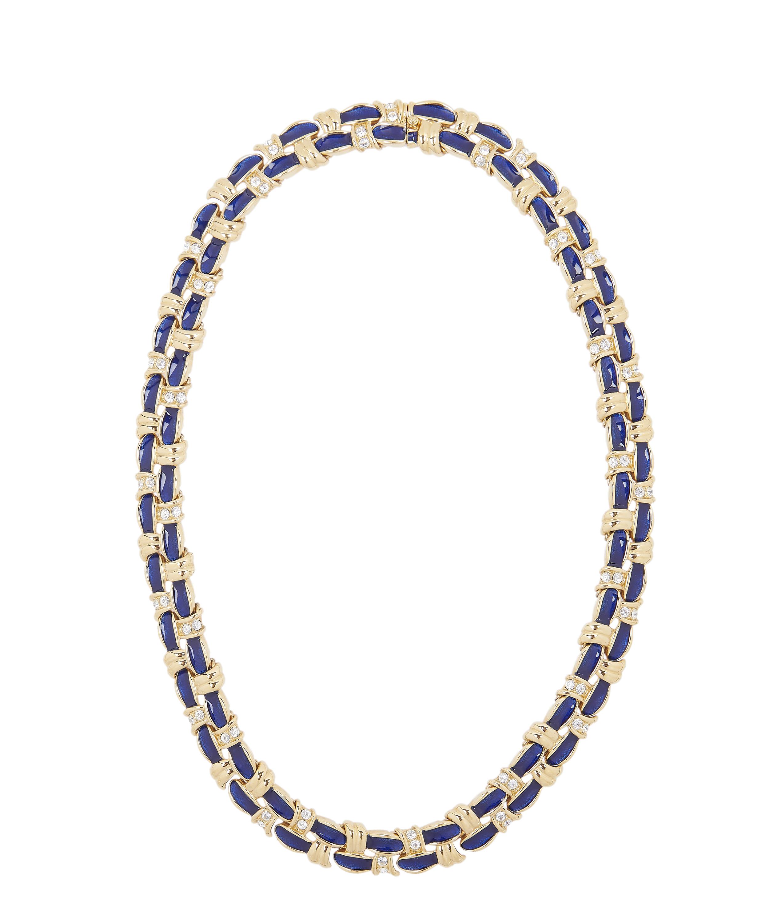 Designer Vintage 1980s Gilt Enamel And Faux Diamond Necklace In Gold