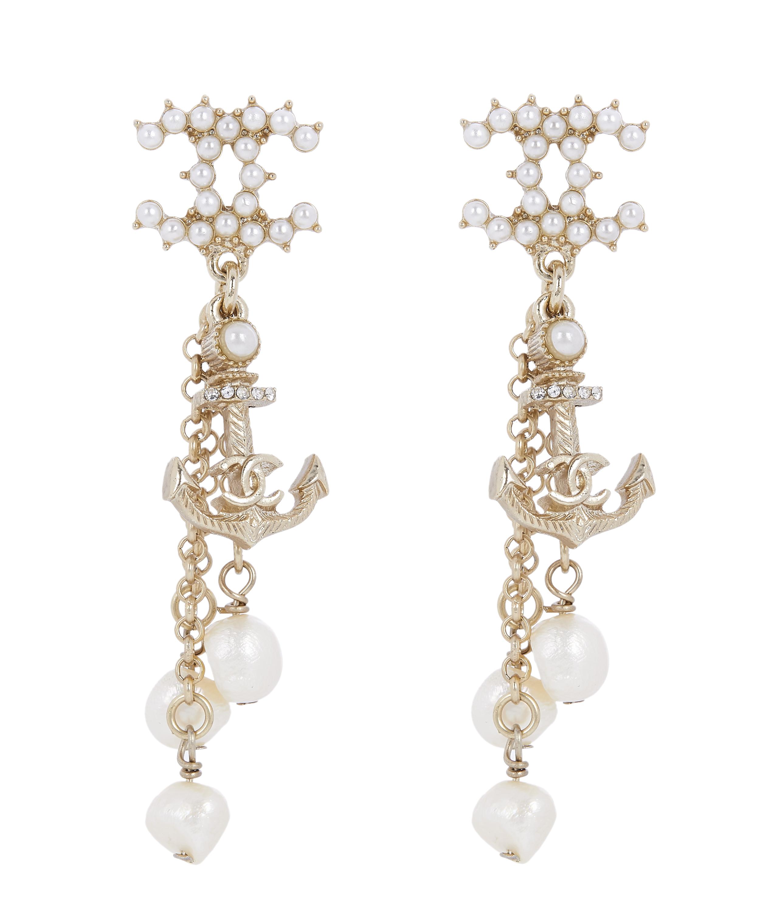 Designer Vintage Turn Of The Century Chanel Gilt Faux Pearl Drop Earrings In Gold