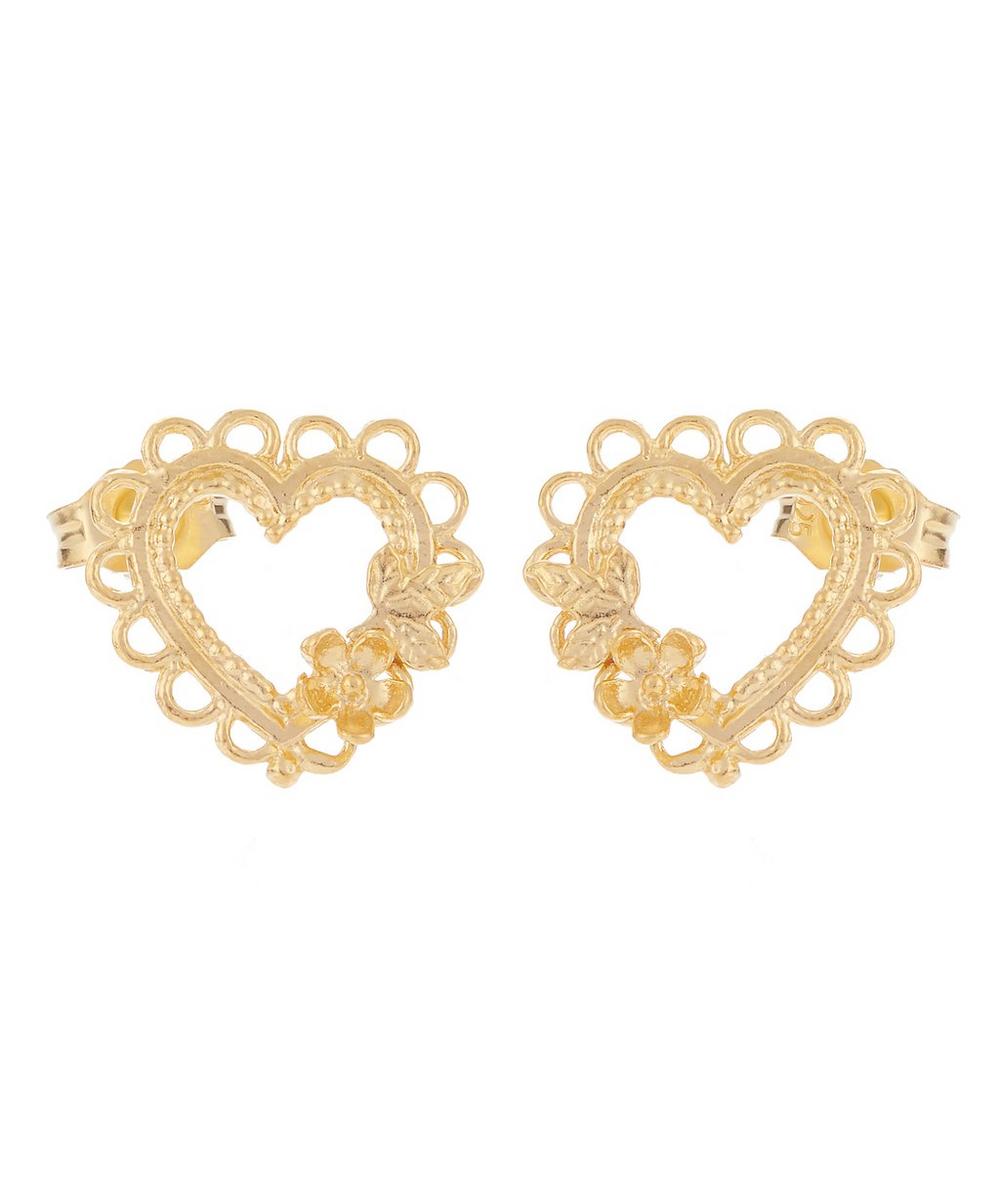 Alex Monroe Gold-plated Lace-edged Heart & Flower Stud Earrings
