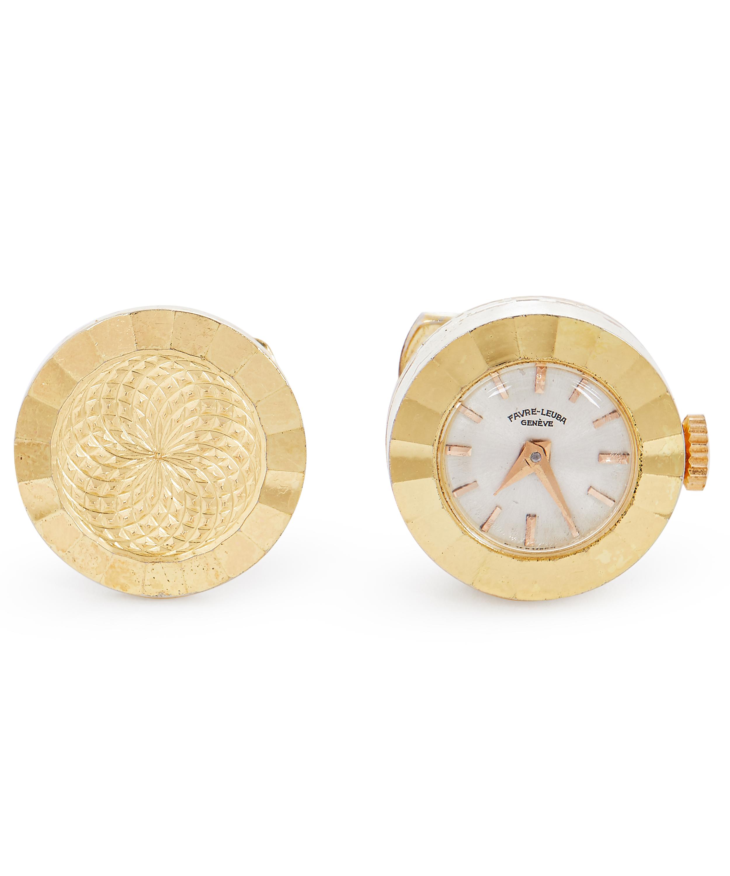 Designer Vintage 1960s Favre-leuba Gilt Watch Cufflinks In Gold