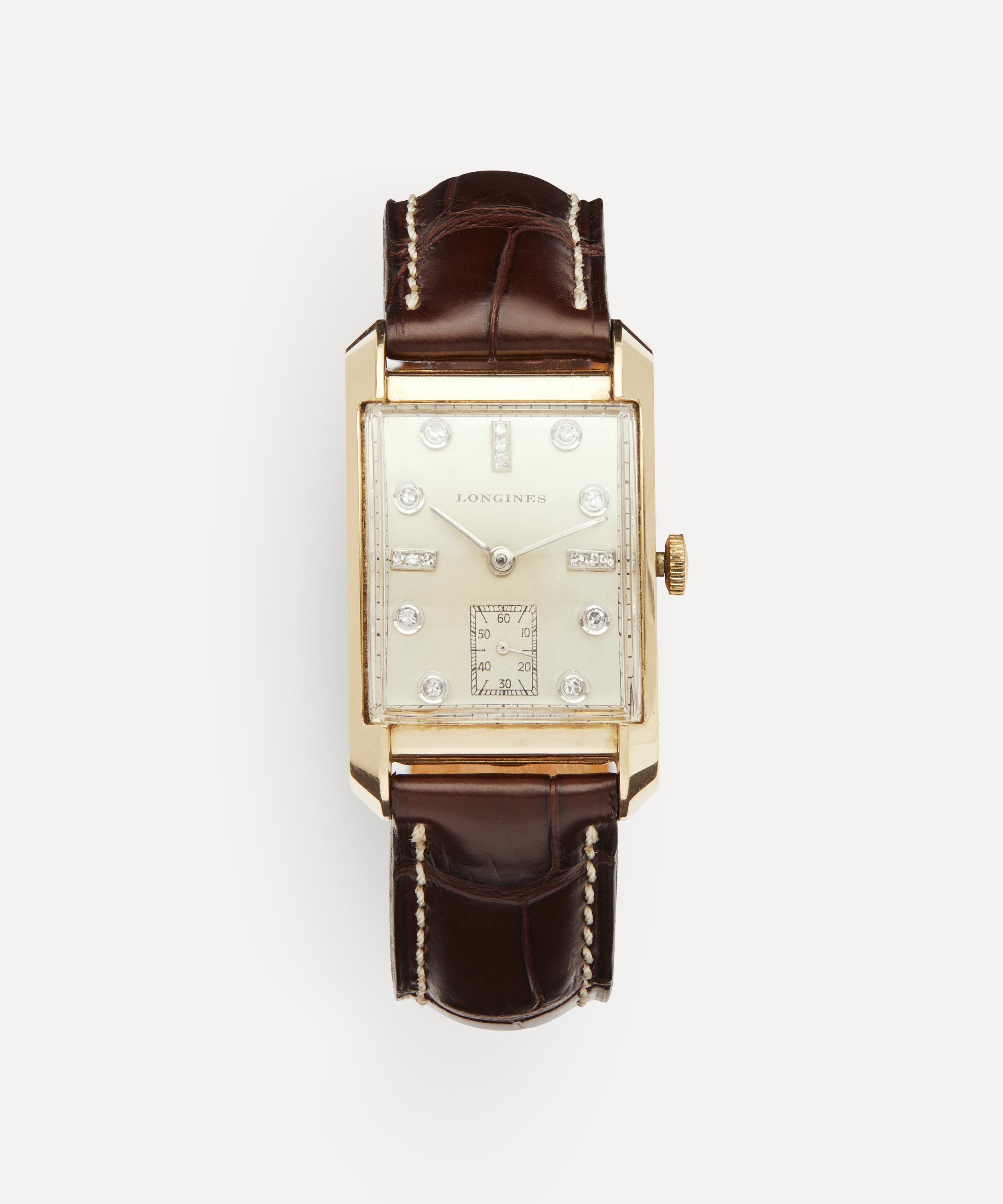 Designer Vintage 1950s Longines 14ct Gold And Diamond Watch In Brown
