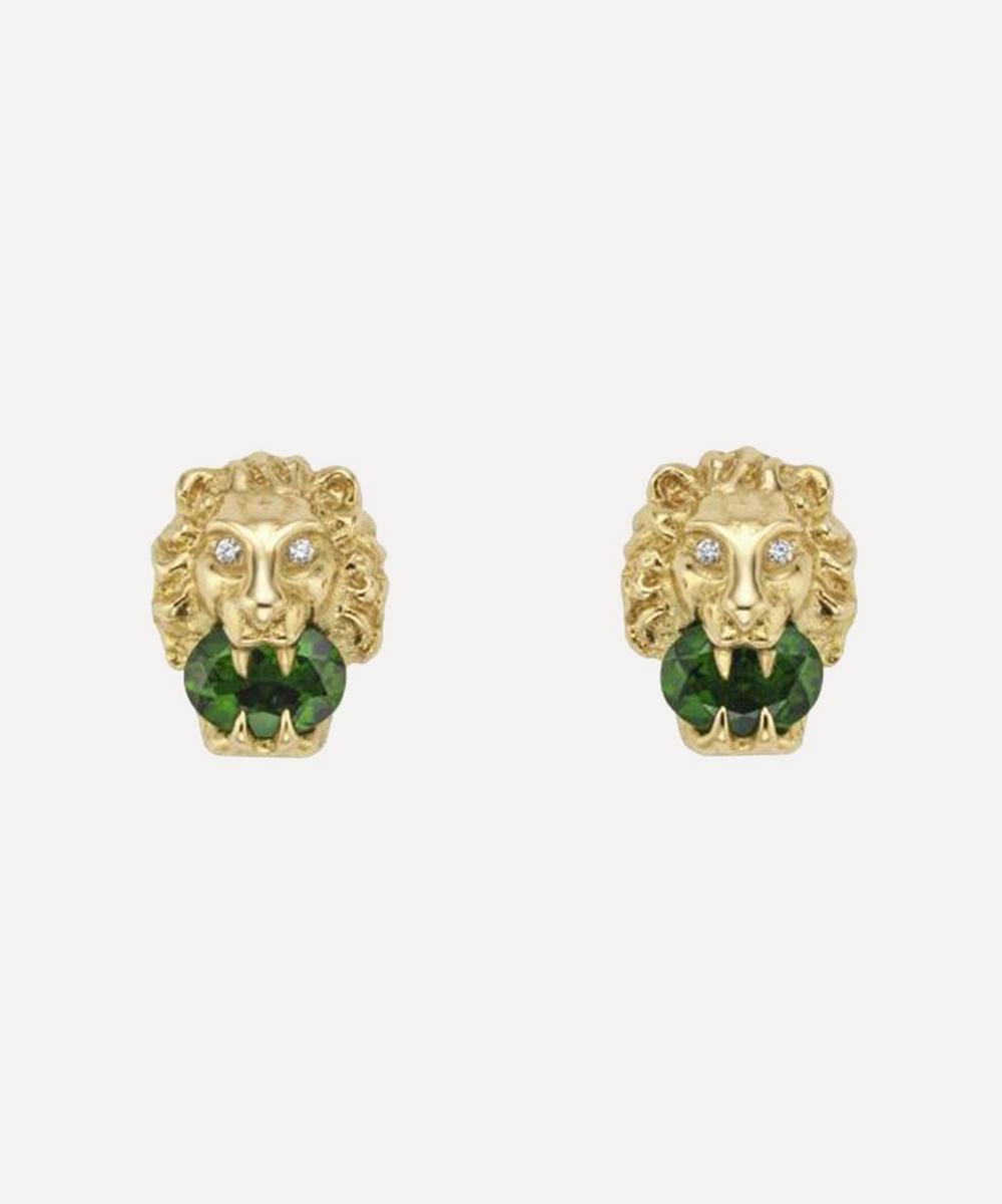 GUCCI 18CT GOLD CHROME DIOPSIDE AND DIAMOND LION HEAD STUD EARRINGS,000711083