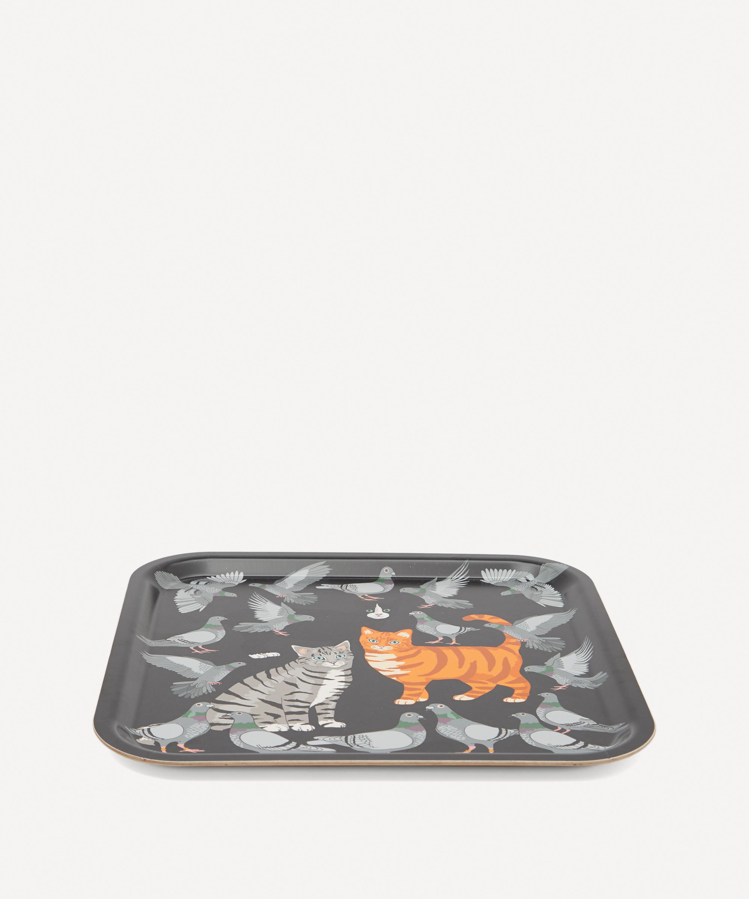 Avenida Home Cat Amongst The Pigeons Square Birch Wood Tray In Multicoloured