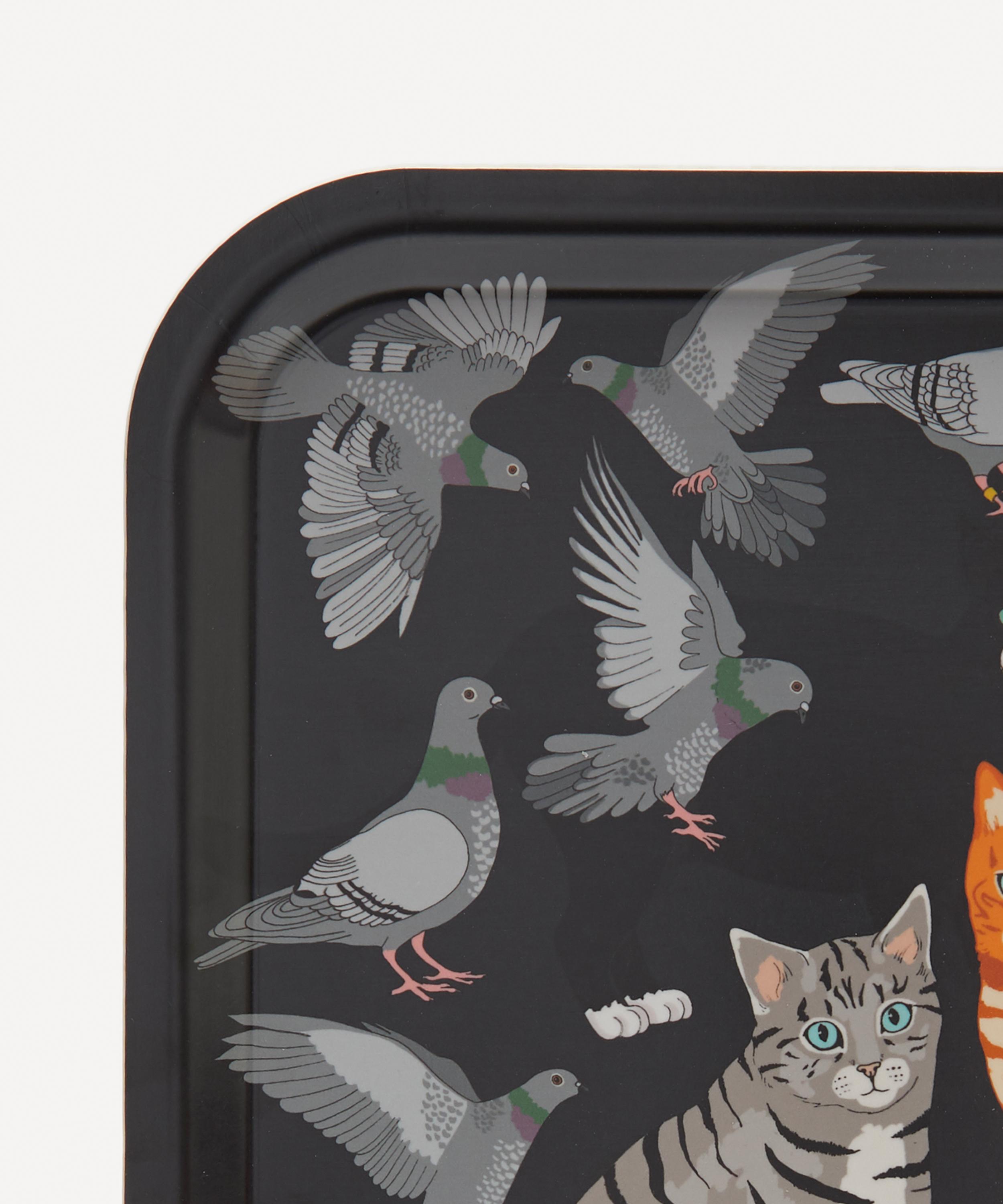 Avenida Home Cat Amongst The Pigeons Square Birch Wood Tray In Multicoloured