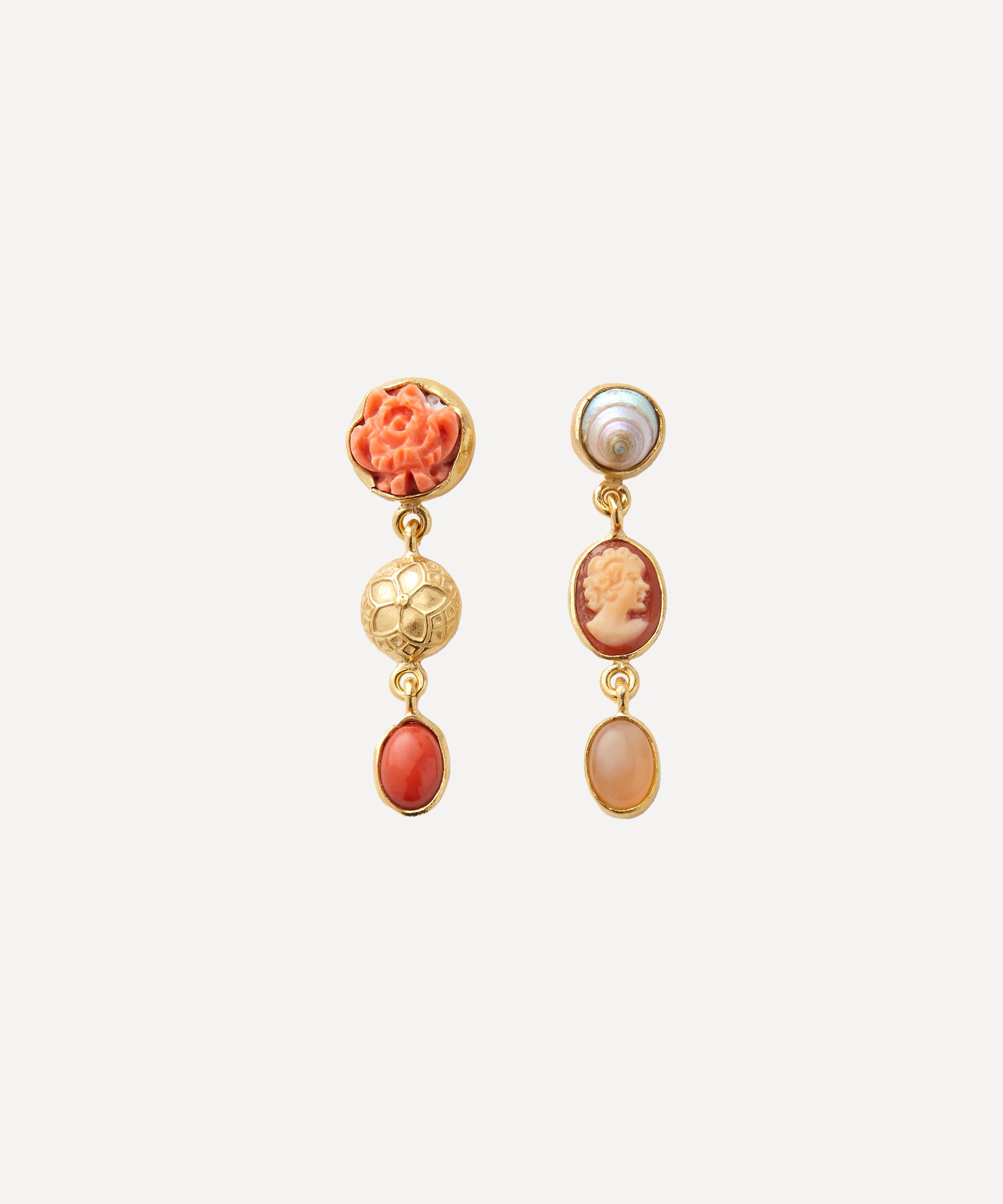 GRAINNE MORTON GRAINNE MORTON GOLD-PLATED ASYMMETRIC MULTI-STONE THREE CHARM DROP EARRINGS 