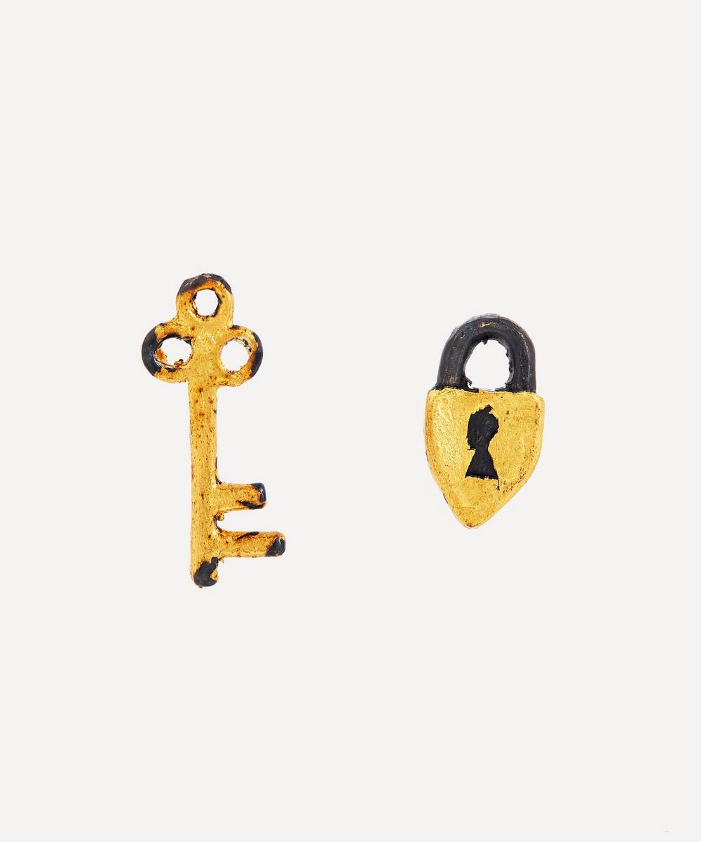 ACANTHUS OXIDISED SILVER SECRET GARDEN MISMATCHED LOCK AND KEY STUD EARRINGS,000715451