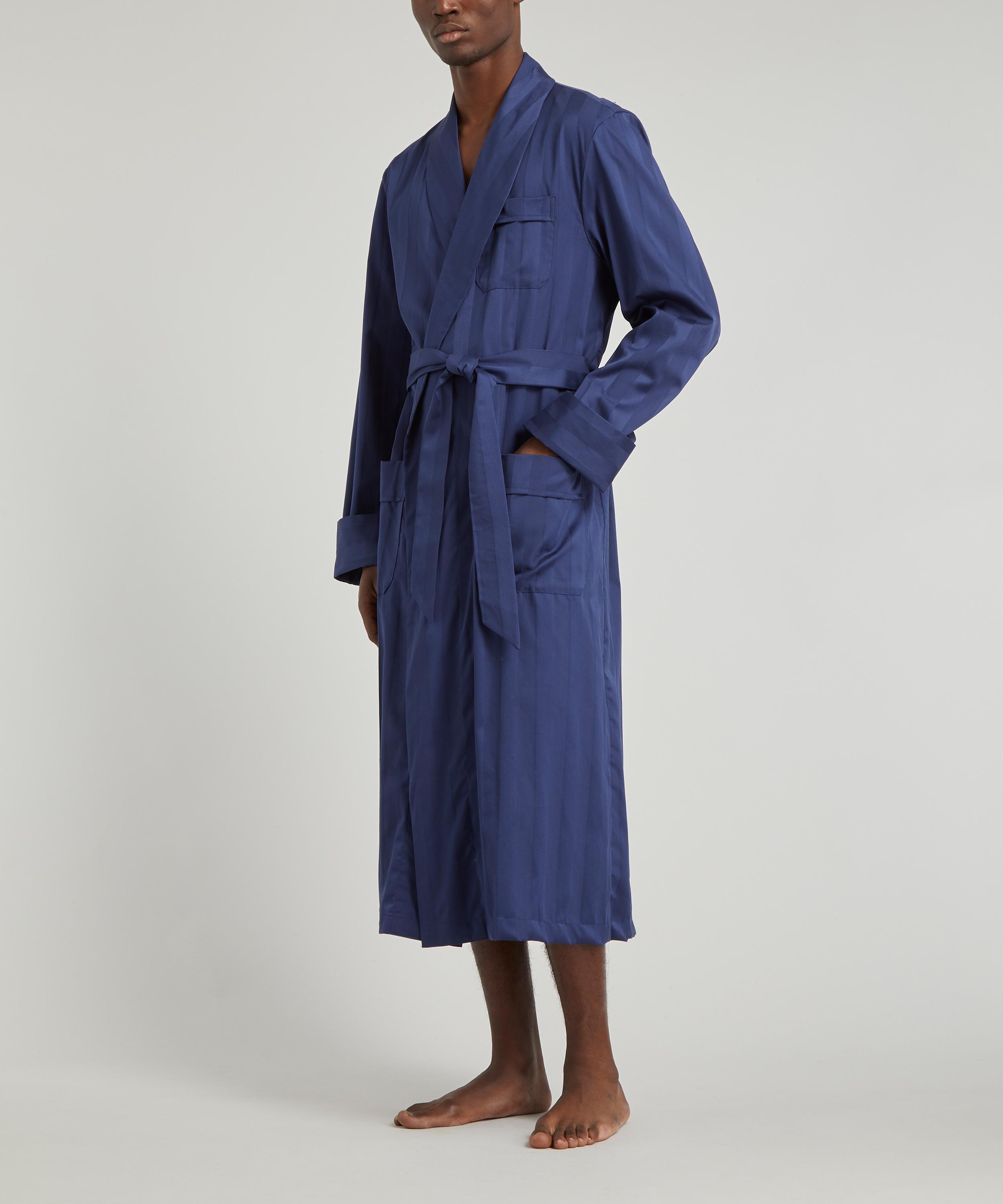 Derek Rose Lingfield Satin-striped Cotton Robe In Navy