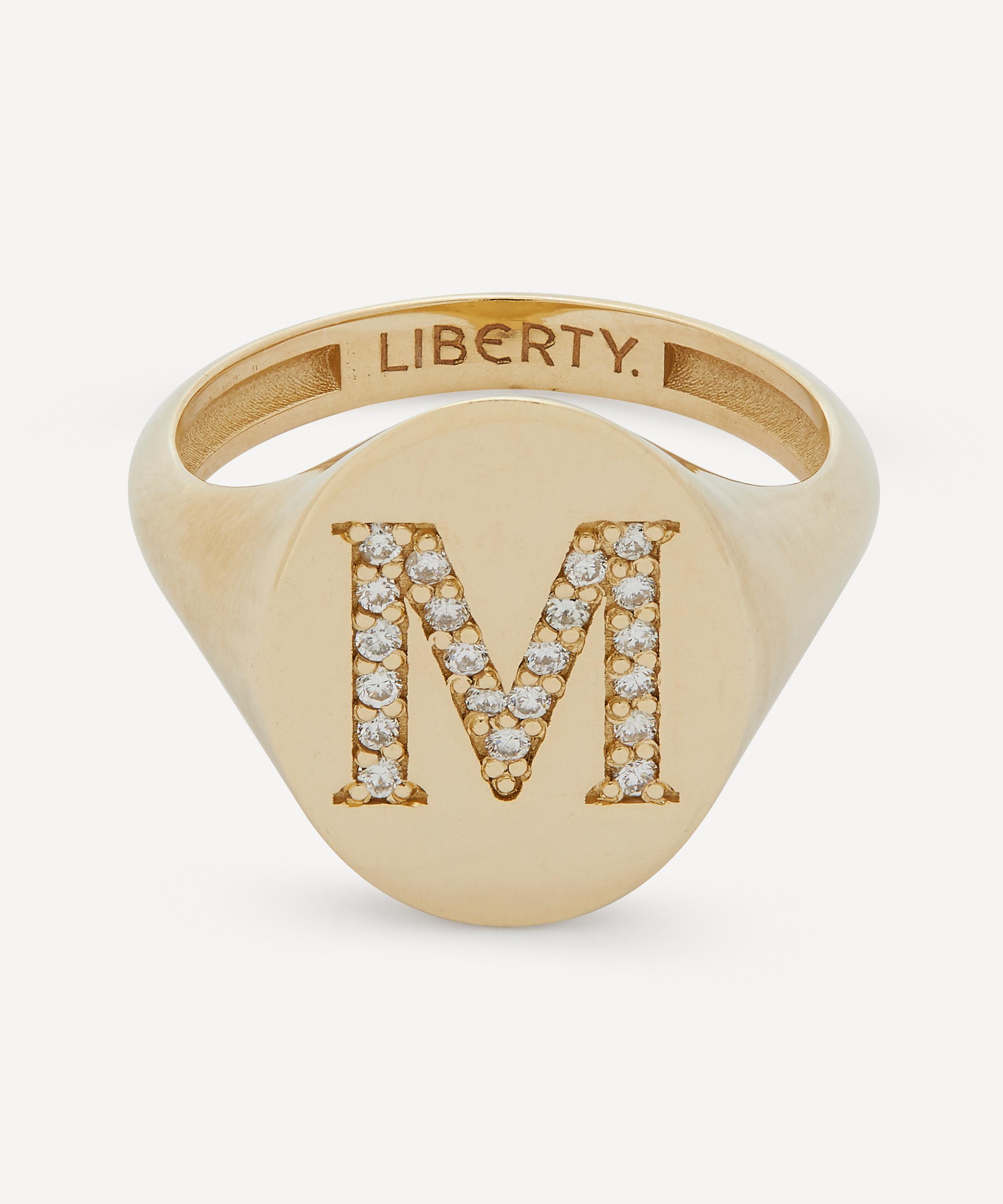 9ct Gold and Diamond Initial Liberty Signet Ring - M 49 Luxury Christmas Gift / Present