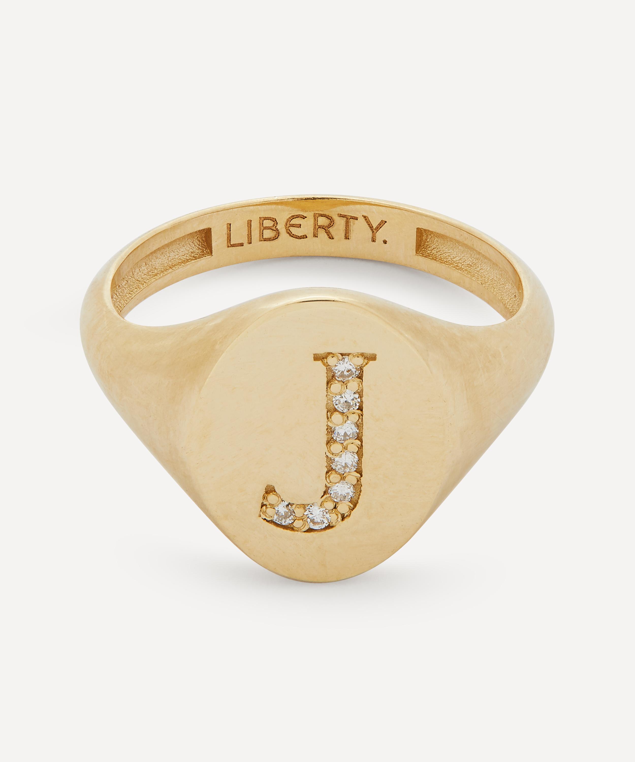 9ct Gold and Diamond Initial Liberty Signet Ring - J 49 Luxury Christmas Gift / Present