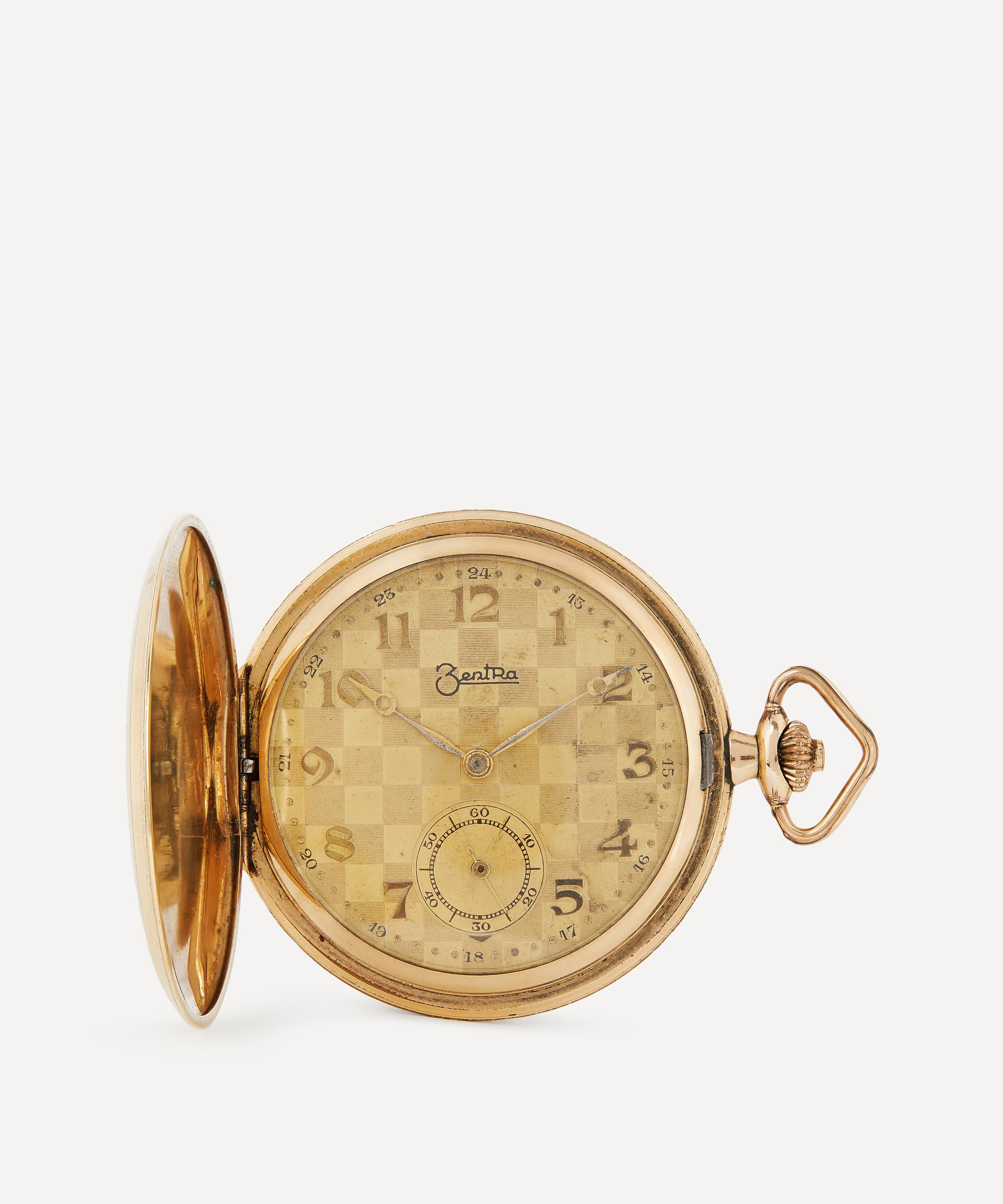 Shop Designer Vintage Mens Art Deco Zentra Gilt Hunter Pocket Watch In Gold