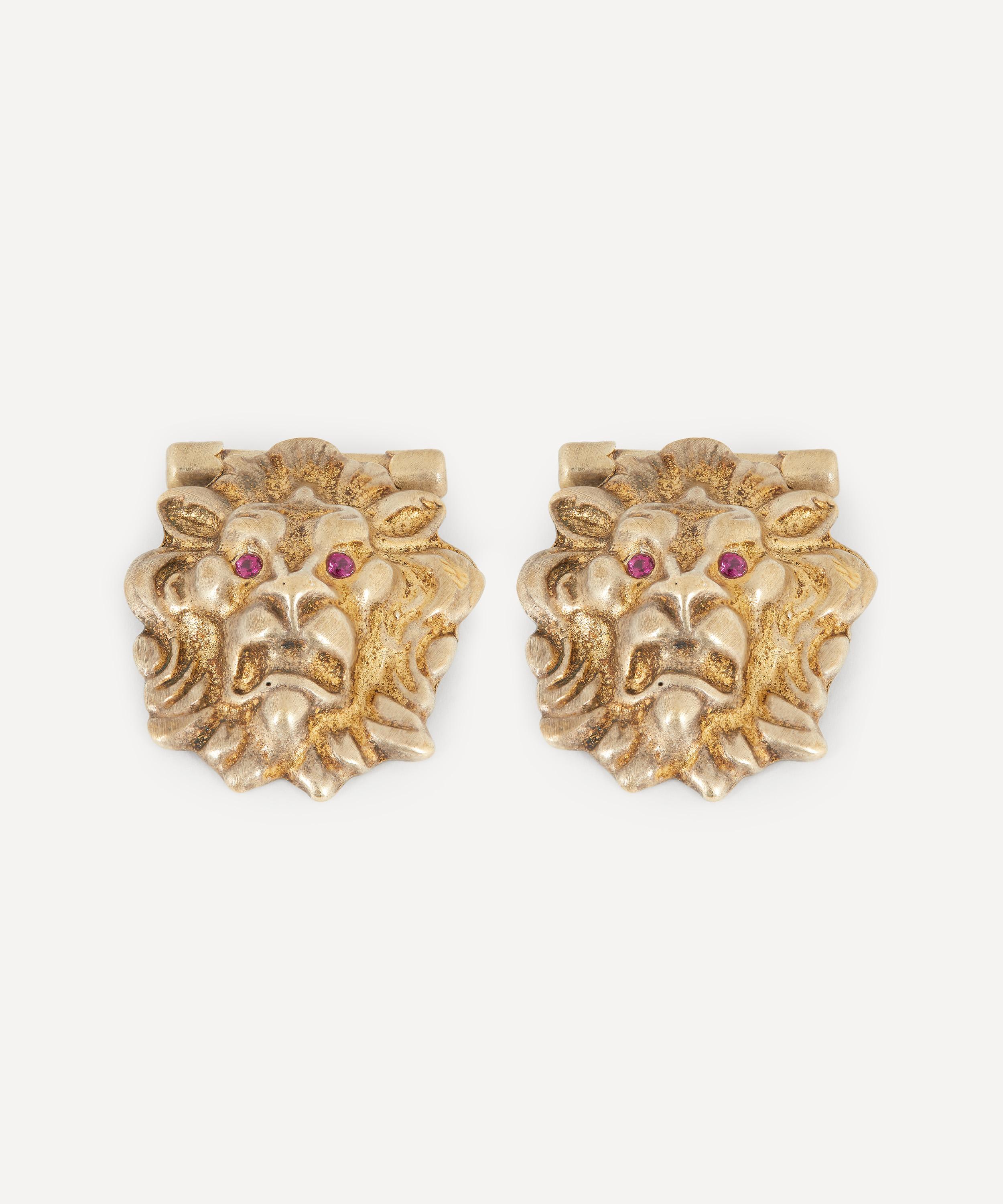 Designer Vintage Bottega Veneta Silver Gilt And Ruby Lion's Head Cufflinks In Gold
