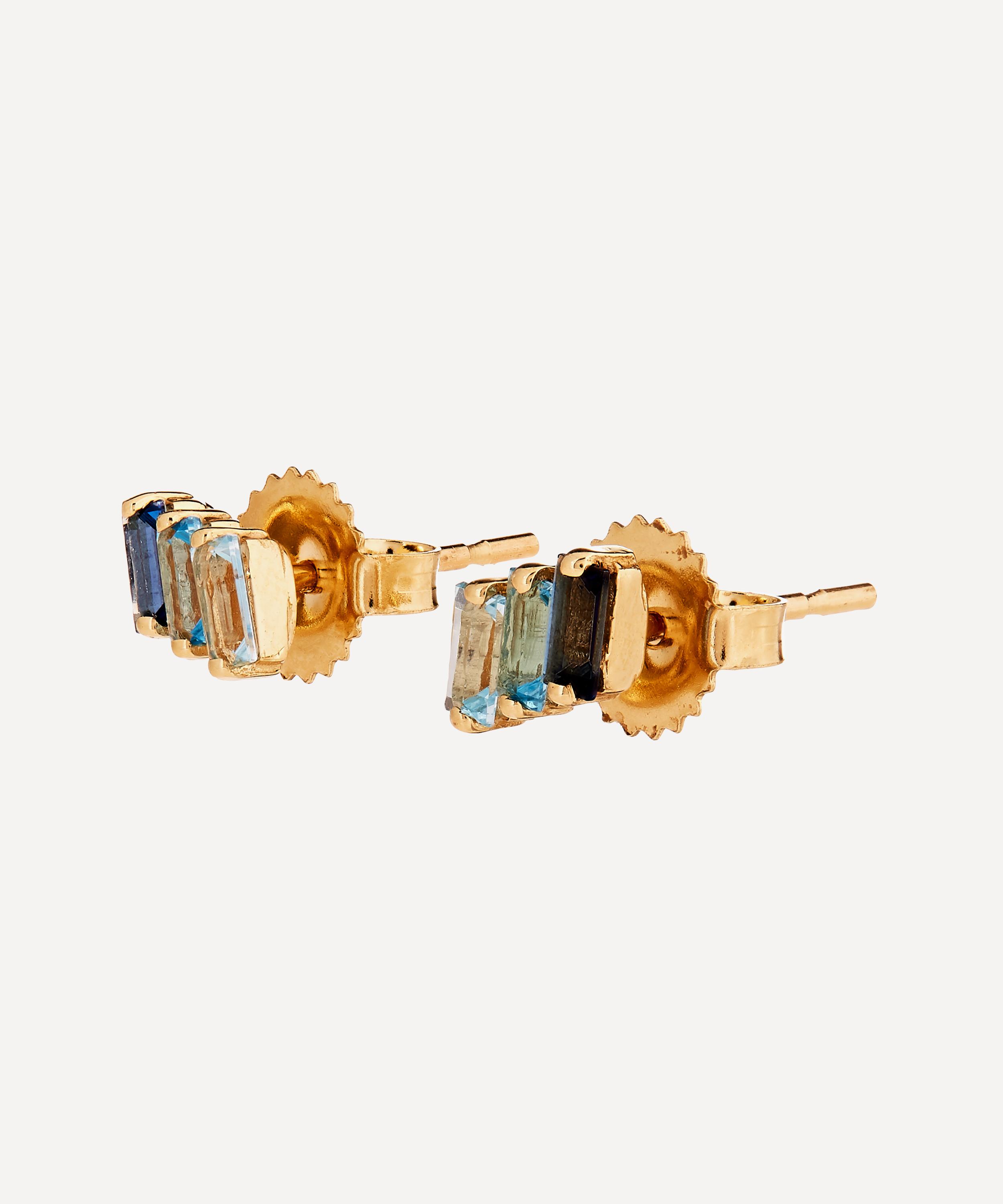 Suzanne Kalan 14ct Gold Multi Blue Topaz Three Baguette Stud Earrings