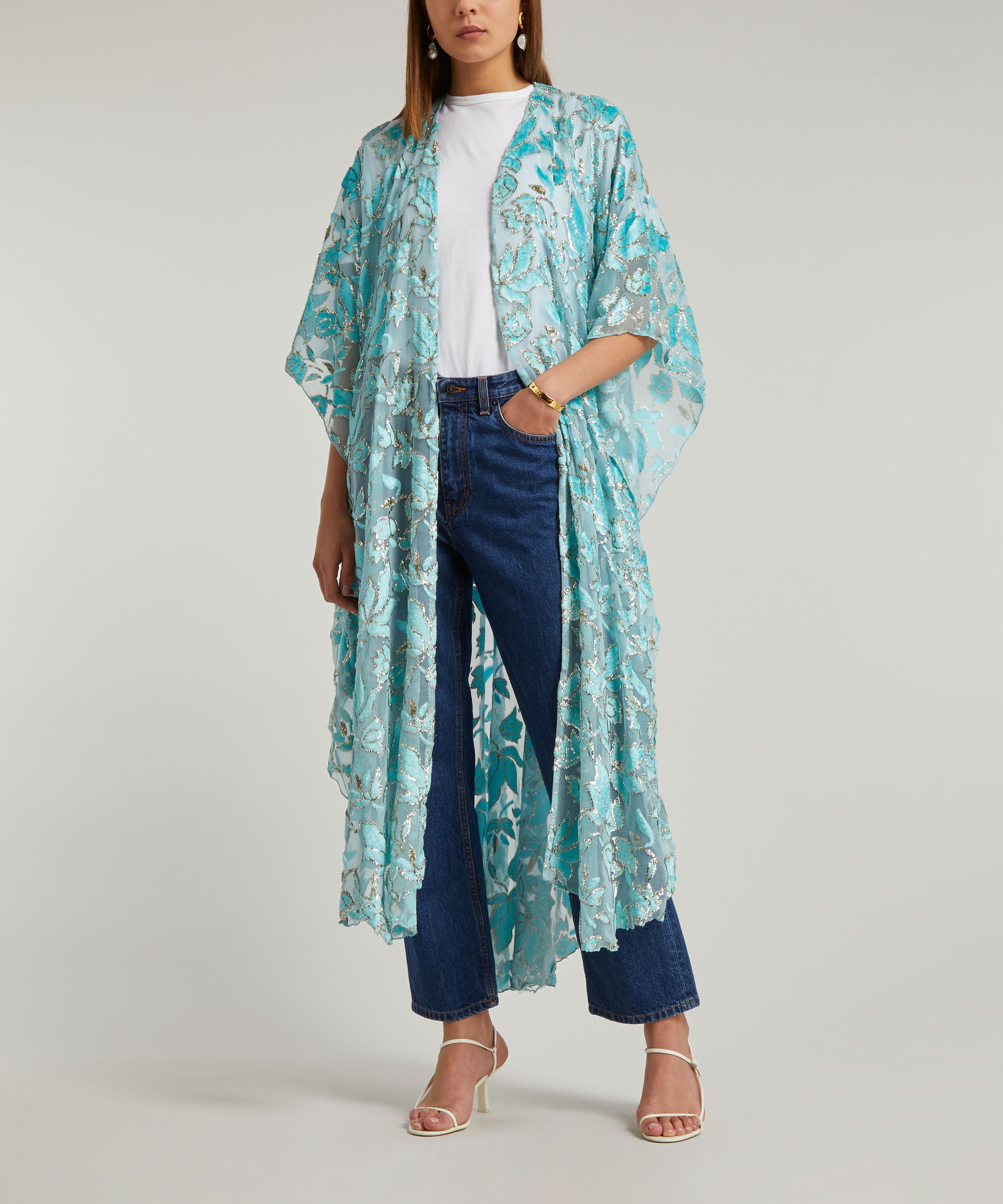 Shop Designer Vintage Women's 70's Couture Devore Velvet Coat In Turquoise