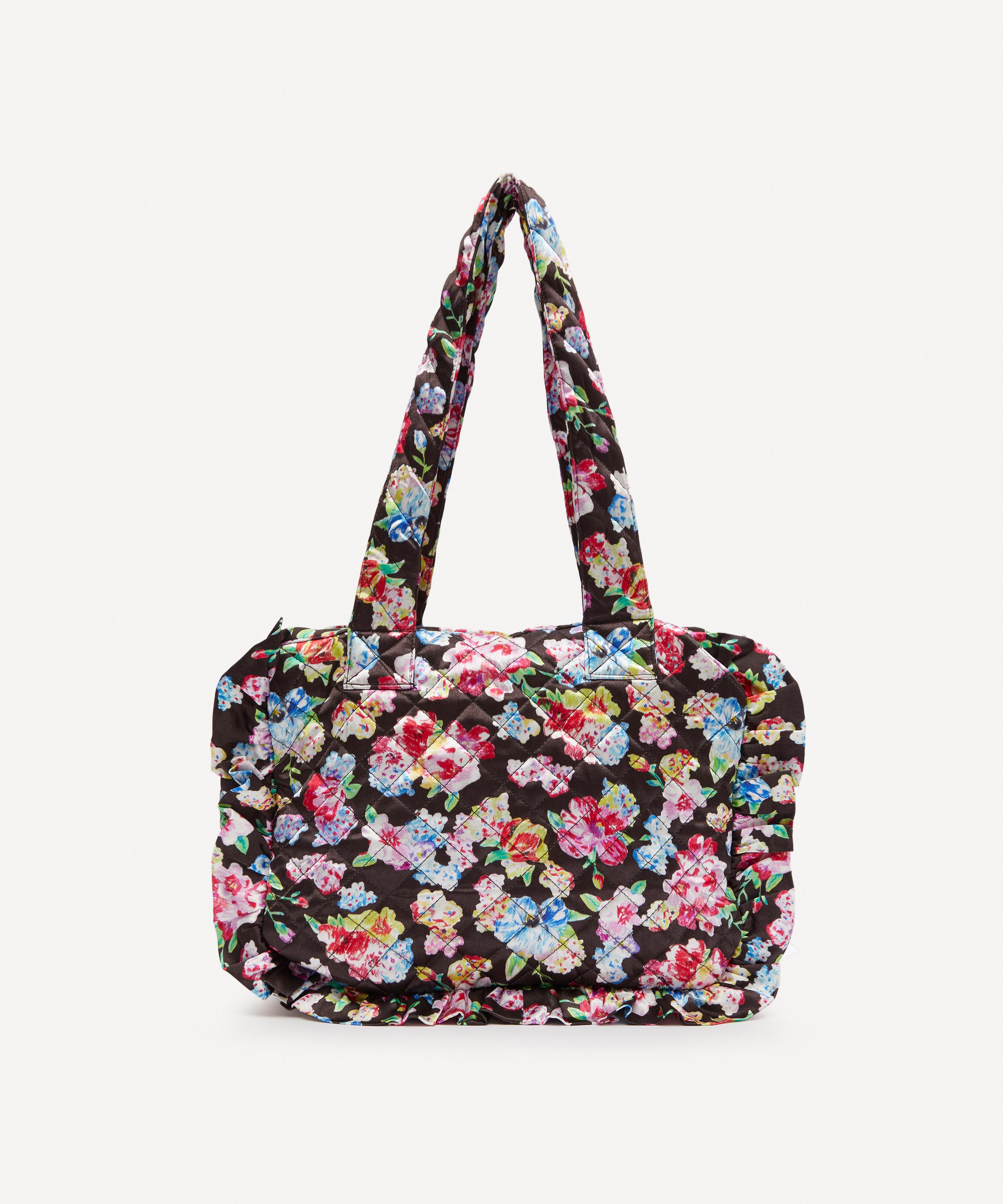 Ganni Ruffled Floral-print Quilted Satin Tote Bag In Black | ModeSens