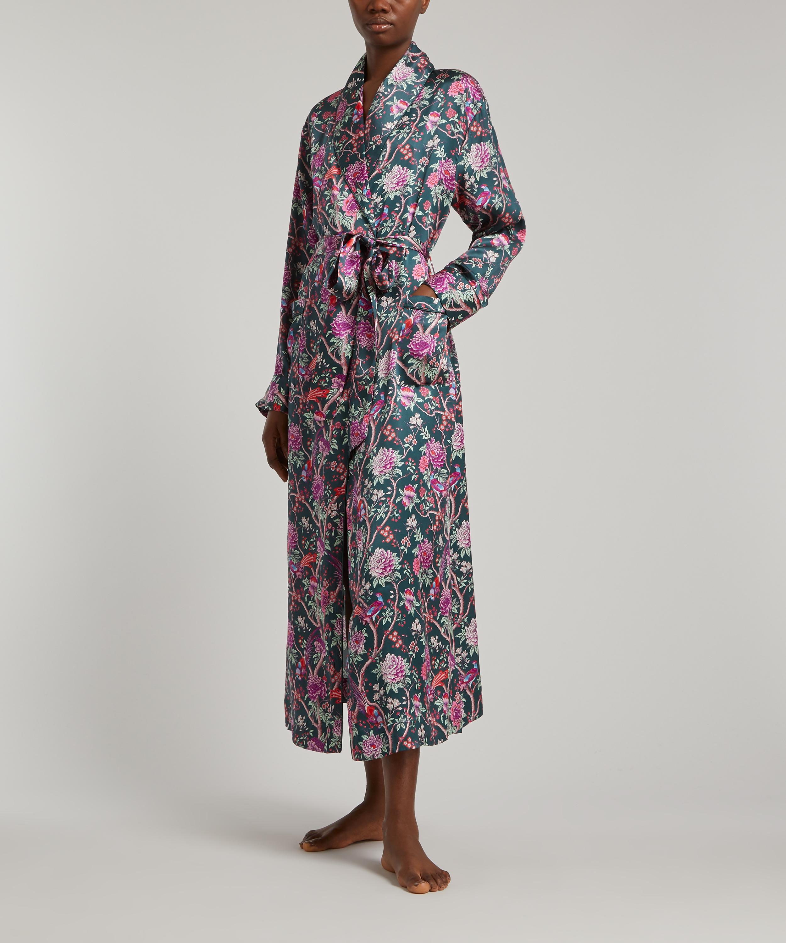 Liberty Elysian Paradise Silk Satin Long Robe In Green