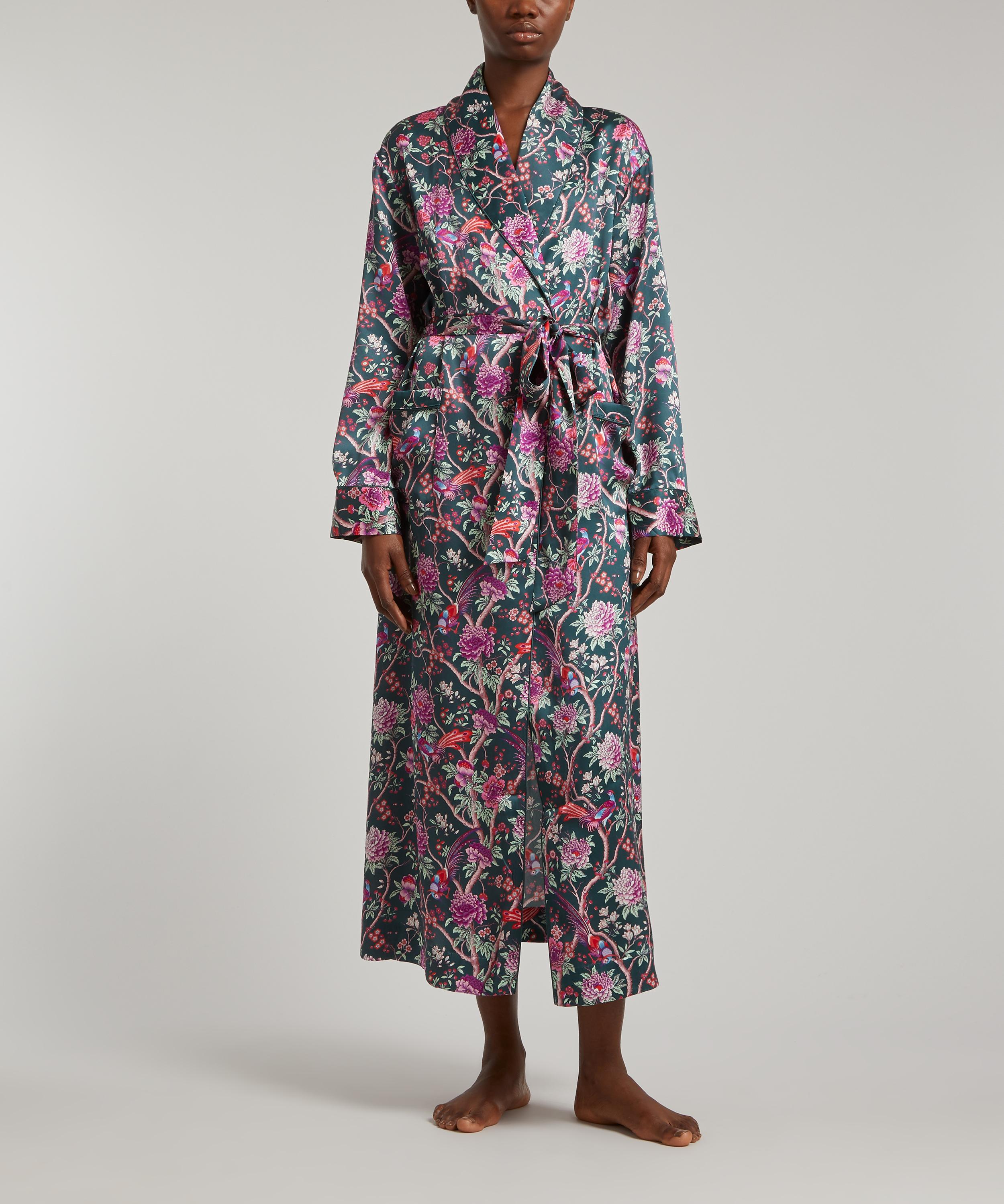 Liberty Elysian Paradise Silk Satin Long Robe In Green
