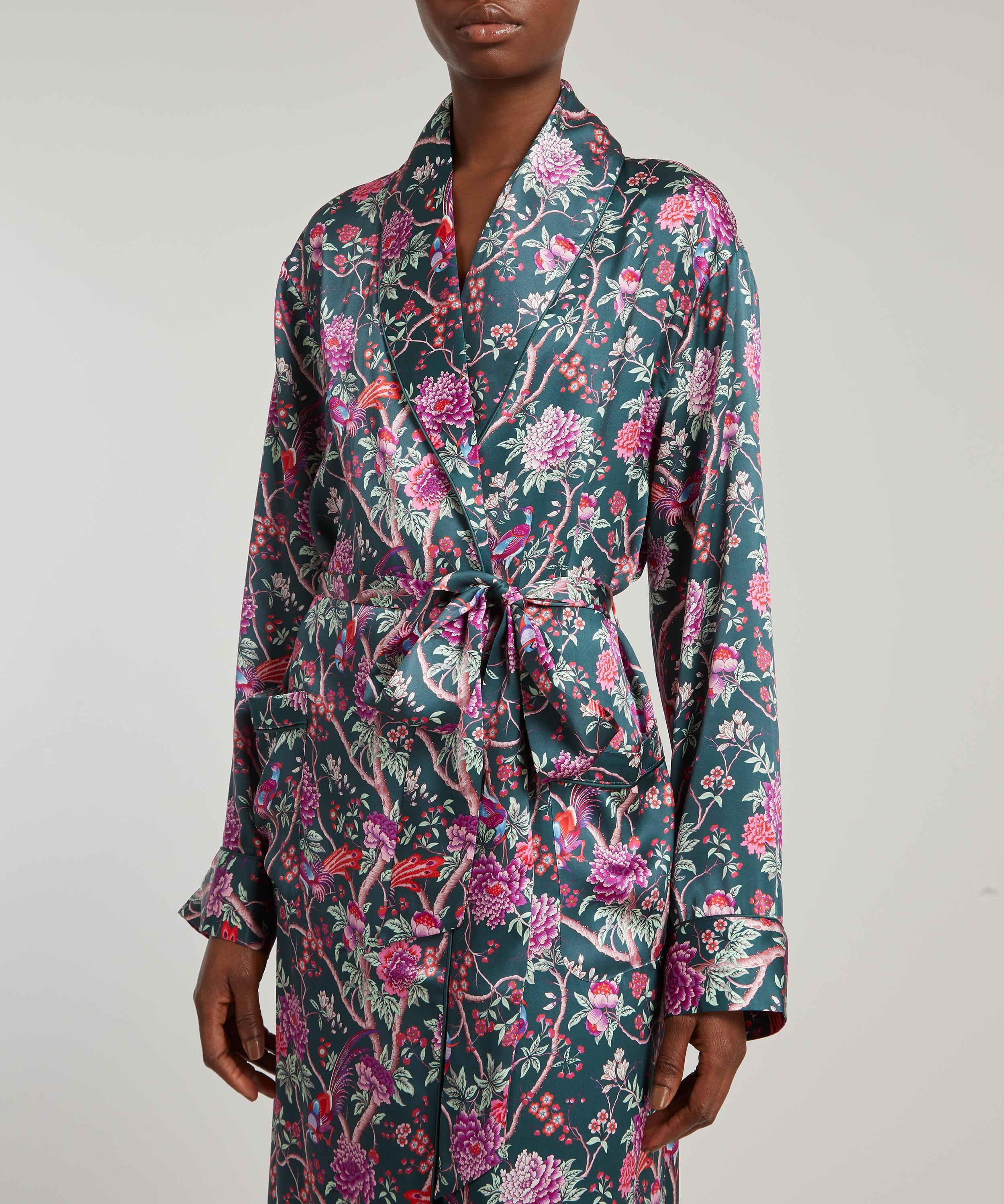 Liberty Elysian Paradise Silk Satin Long Robe In Green