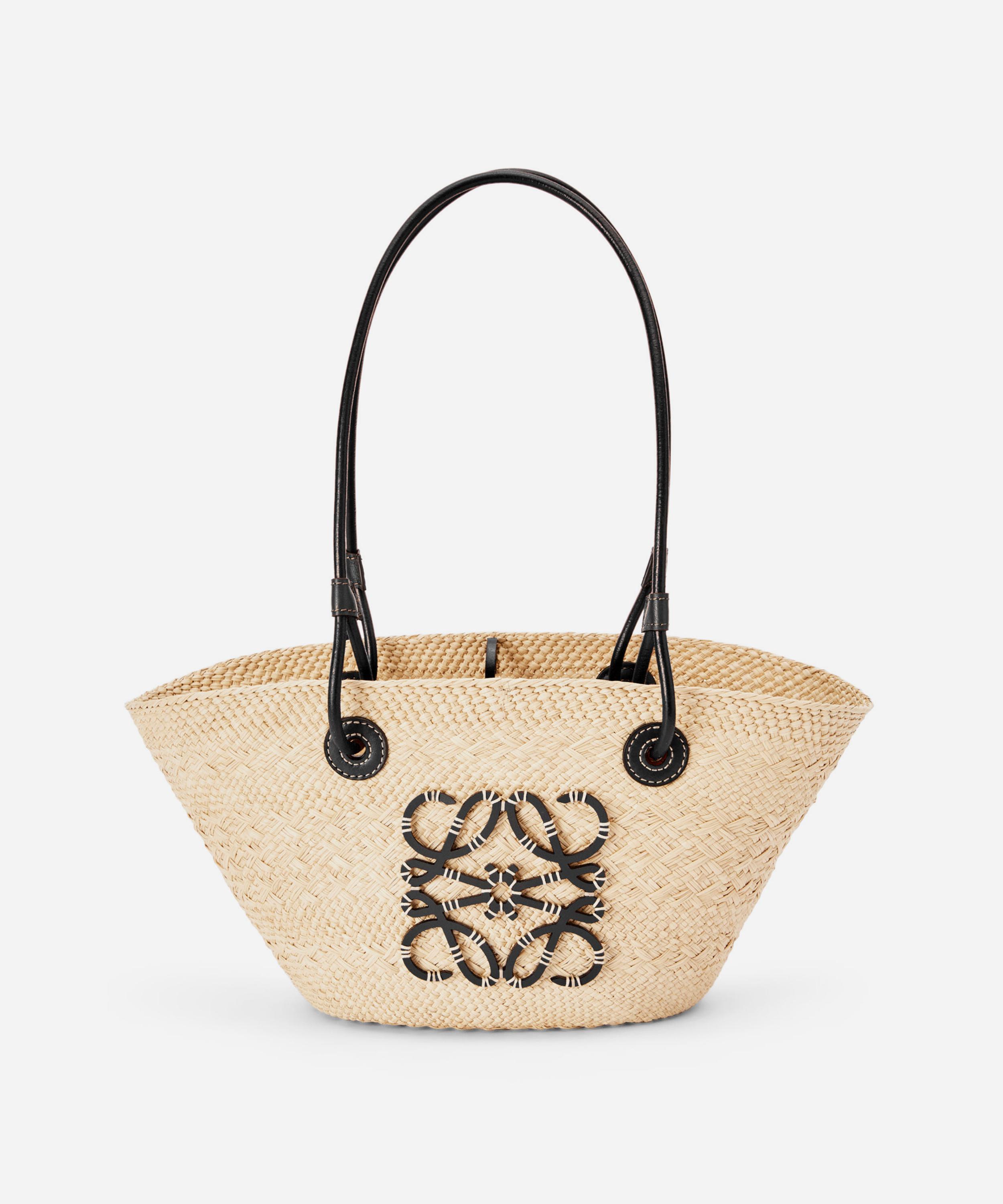 Loewe X Paula's Ibiza Anagram Small Basket Bag In Iraca Palm With Leather Handles In Natural / Black