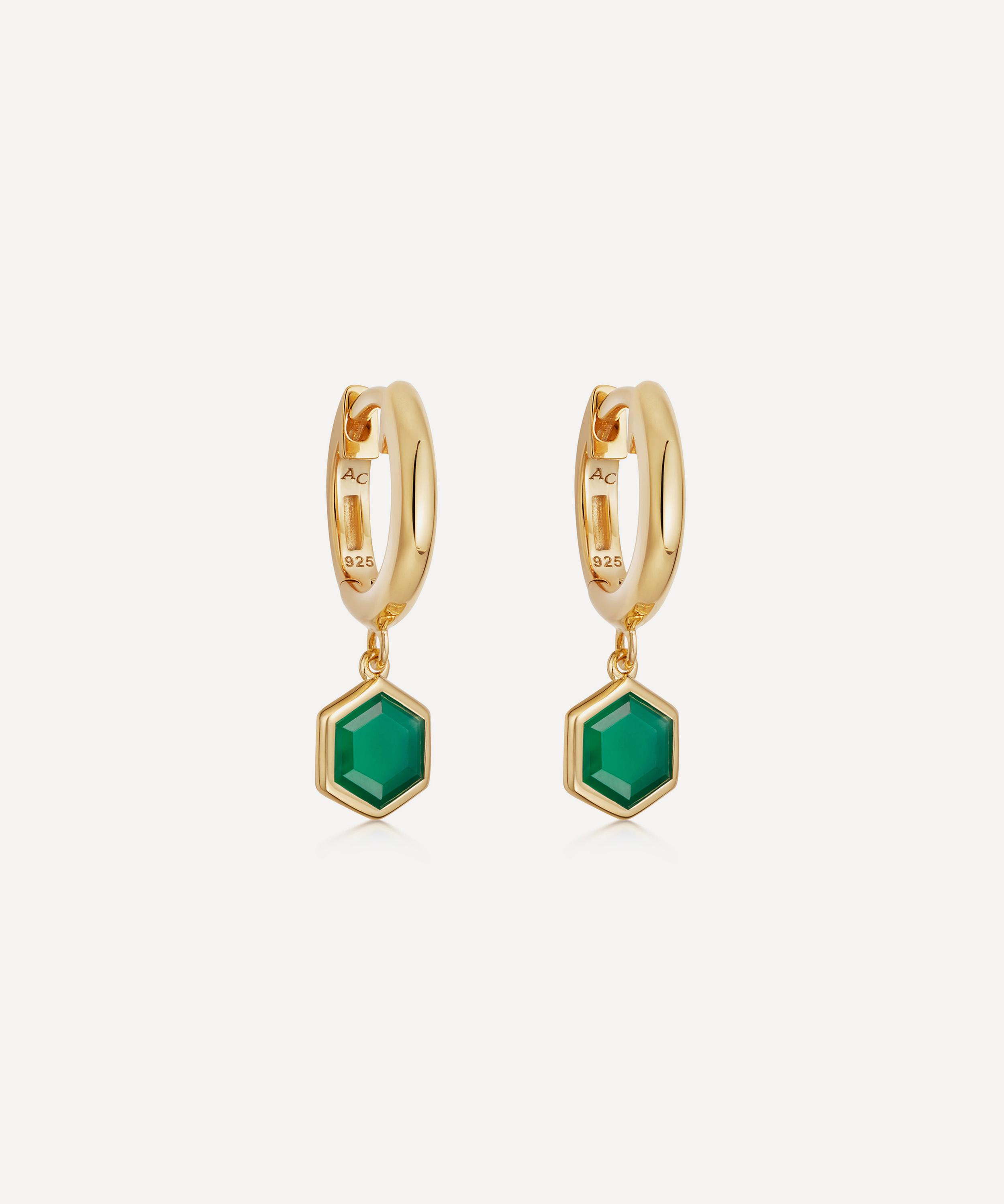 Astley Clarke 18ct Gold Plated Vermeil Silver Deco Green Agate Drop Hoop Earrings