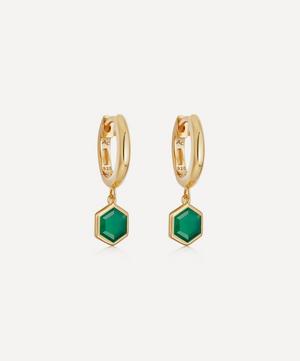 18ct Gold Plated Vermeil Silver Deco Green Agate Drop Hoop Earrings