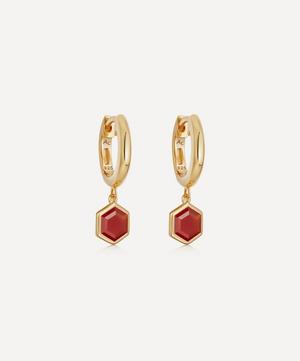 18ct Gold Plated Vermeil Silver Deco Red Agate Drop Hoop Earrings