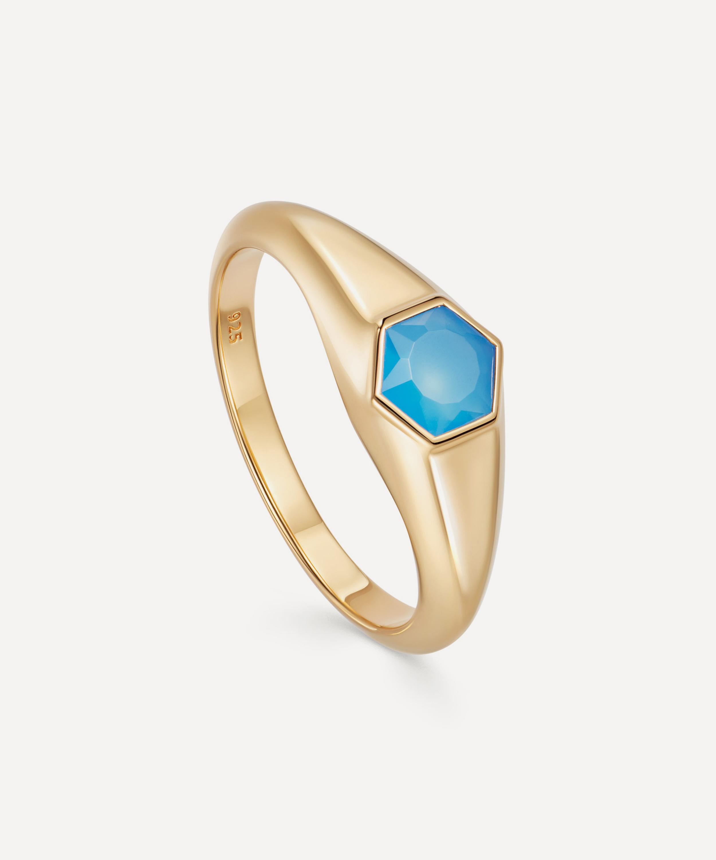 Astley Clarke 18ct Gold Plated Vermeil Silver Mini Deco Blue Agate Signet Ring