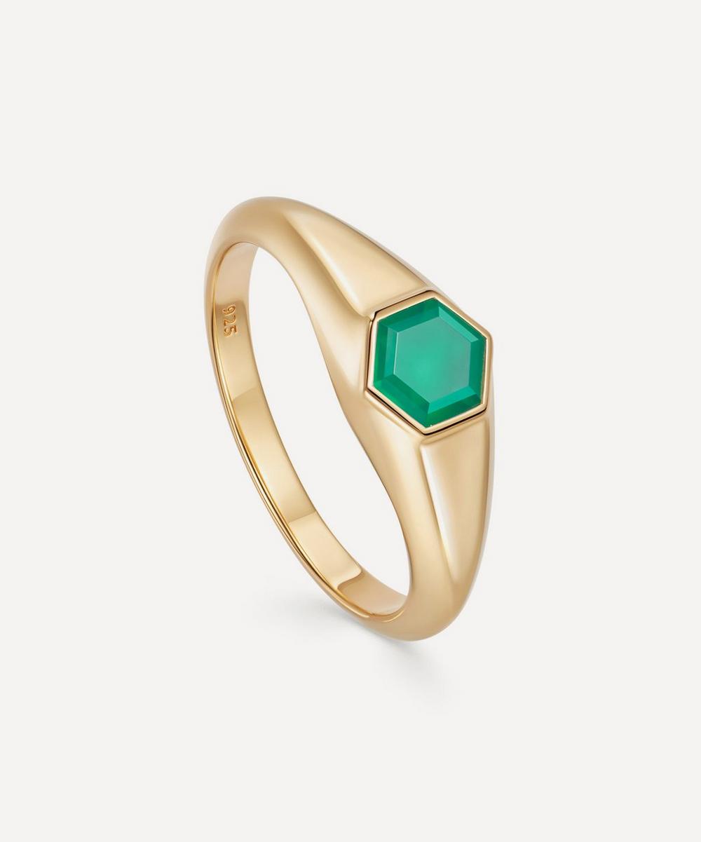Astley Clarke - 18ct Gold Plated Vermeil Silver Mini Deco Green Agate Signet Ring