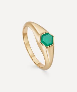 18ct Gold Plated Vermeil Silver Mini Deco Green Agate Signet Ring