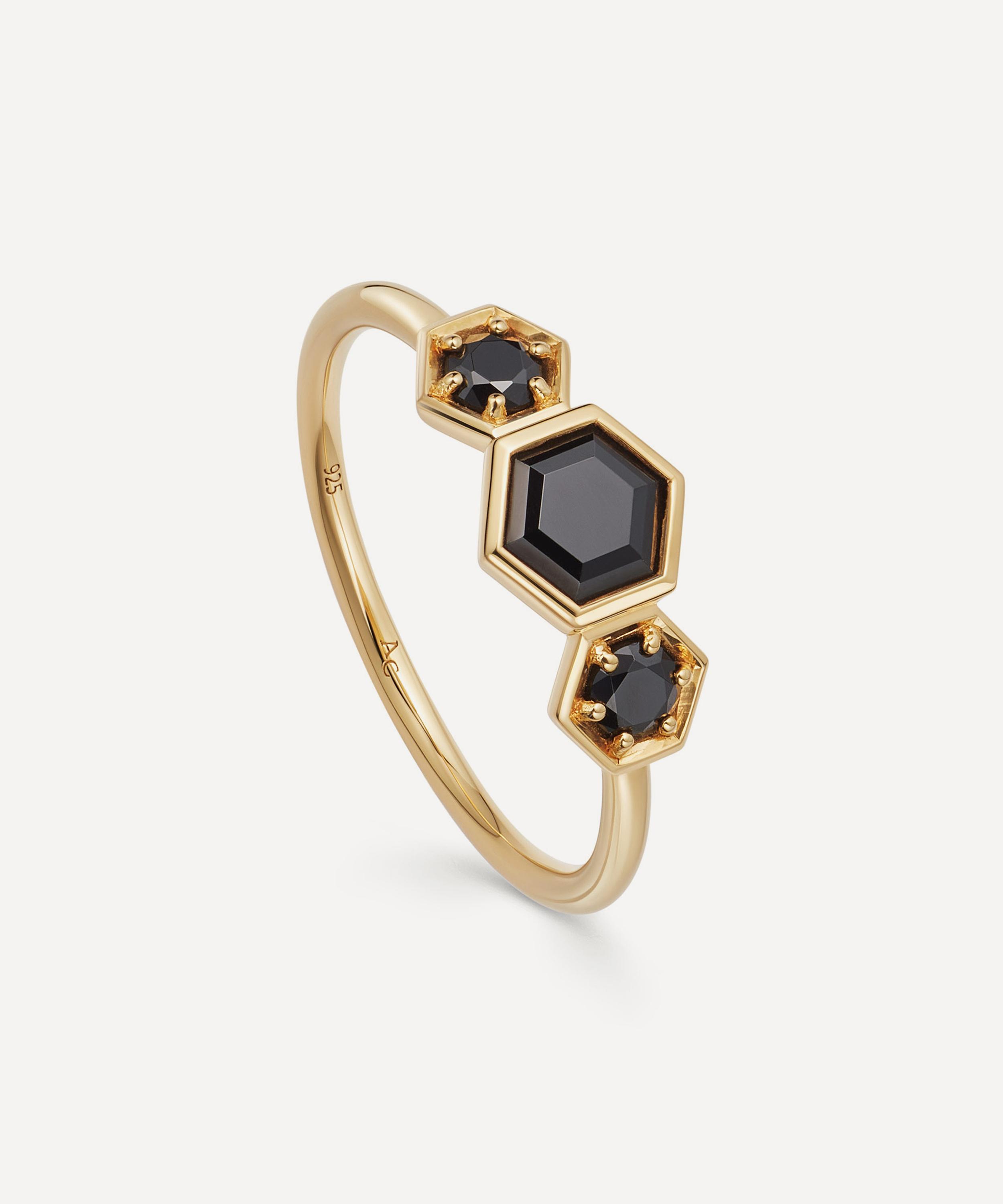 Astley Clarke 18ct Gold Plated Vermeil Silver Deco Triple Black Spinel Ring