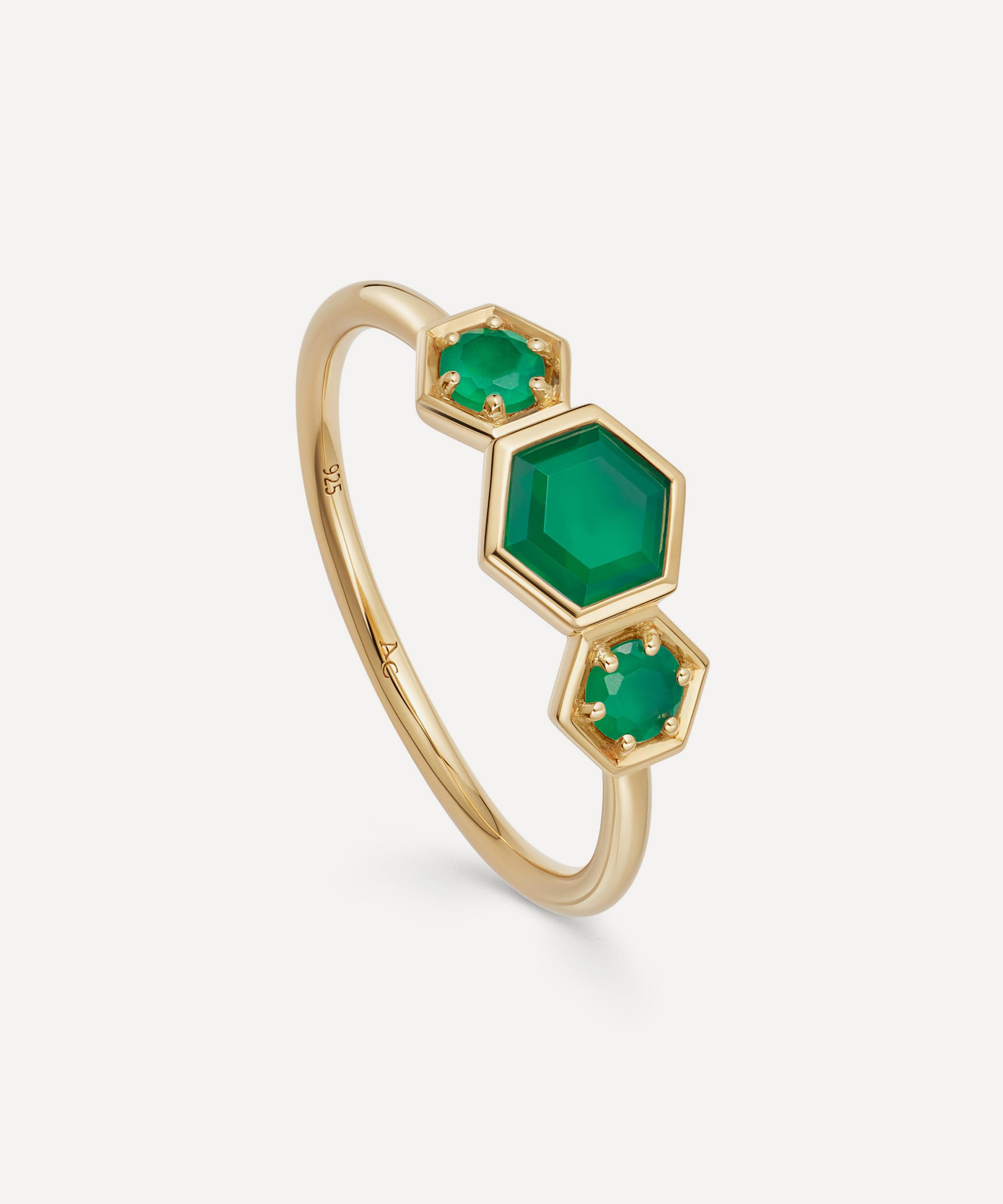 Astley Clarke 18ct Gold Plated Vermeil Silver Deco Triple Green Agate Ring