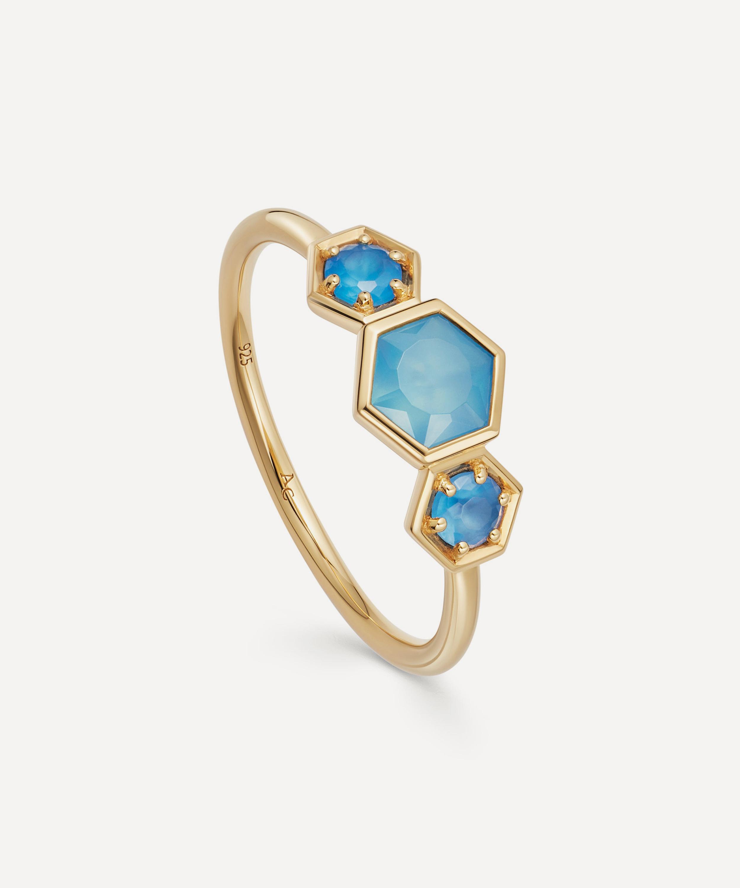 Astley Clarke 18ct Gold Plated Vermeil Silver Deco Triple Blue Agate Ring
