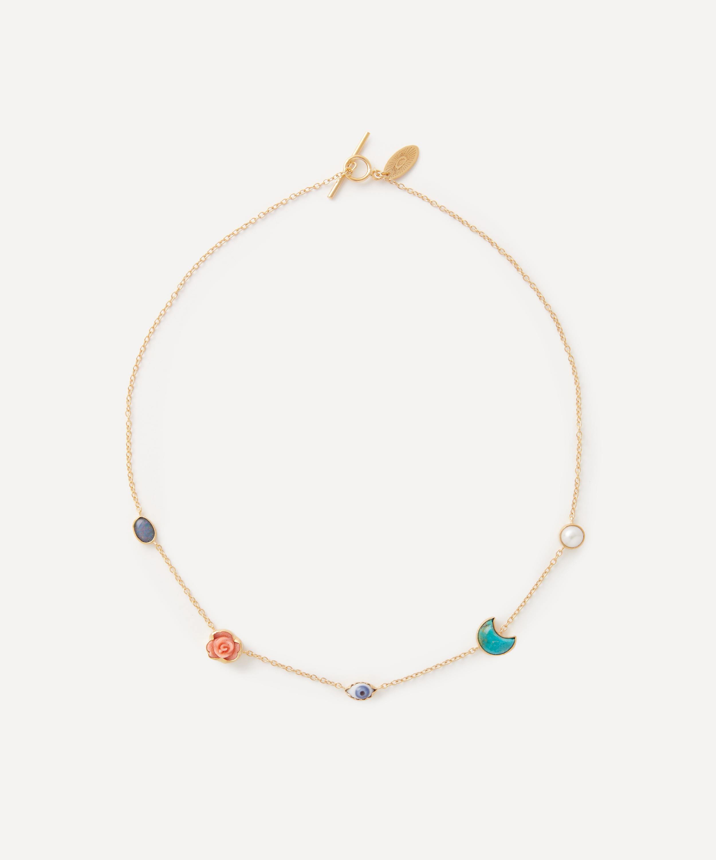 GRAINNE MORTON GRAINNE MORTON GOLD-PLATED MULTI-STONE FIVE MINI CHARM NECKLACE 