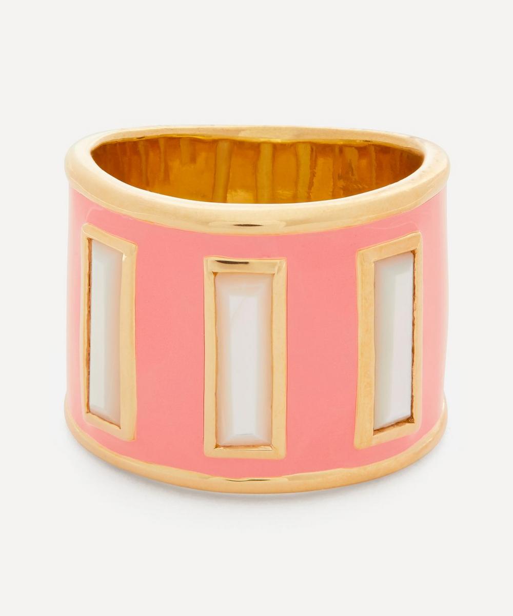Adore Adorn Gold Plated Vermeil Silver Gigi Burnt Coral Enamel Banded Pearl Ring